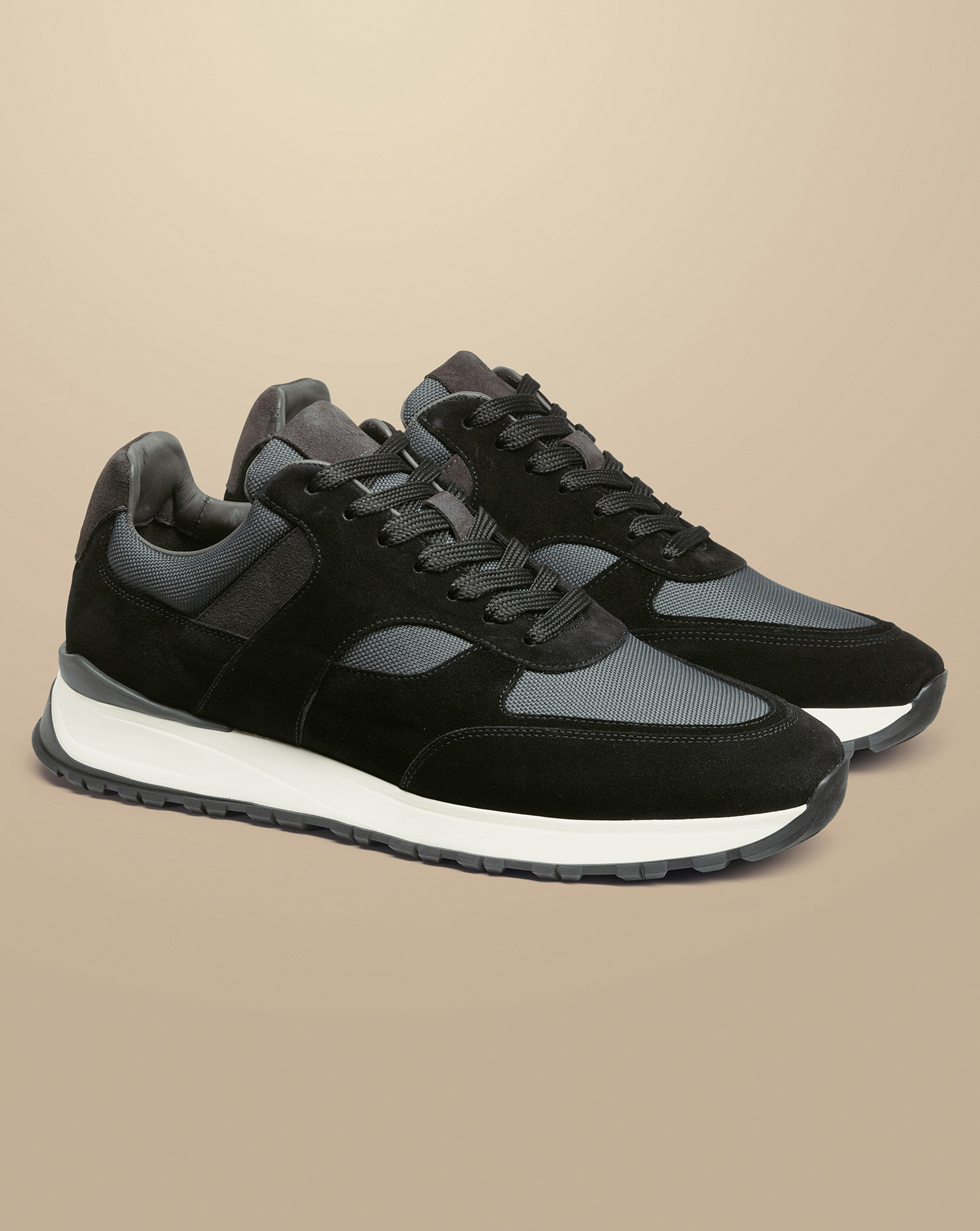 Suede and Grey Textile Trainer - Black & Grey