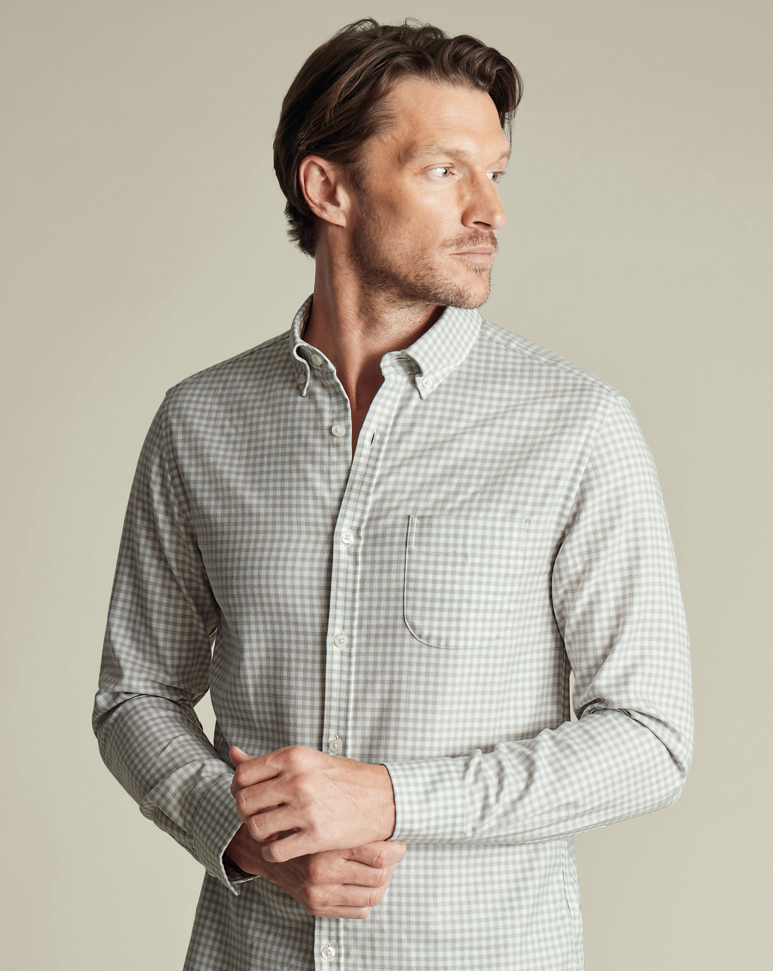 Charles Tyrwhitt Bügelfreies Twill-Hemd mit Gingham-Karos - Silbergrau