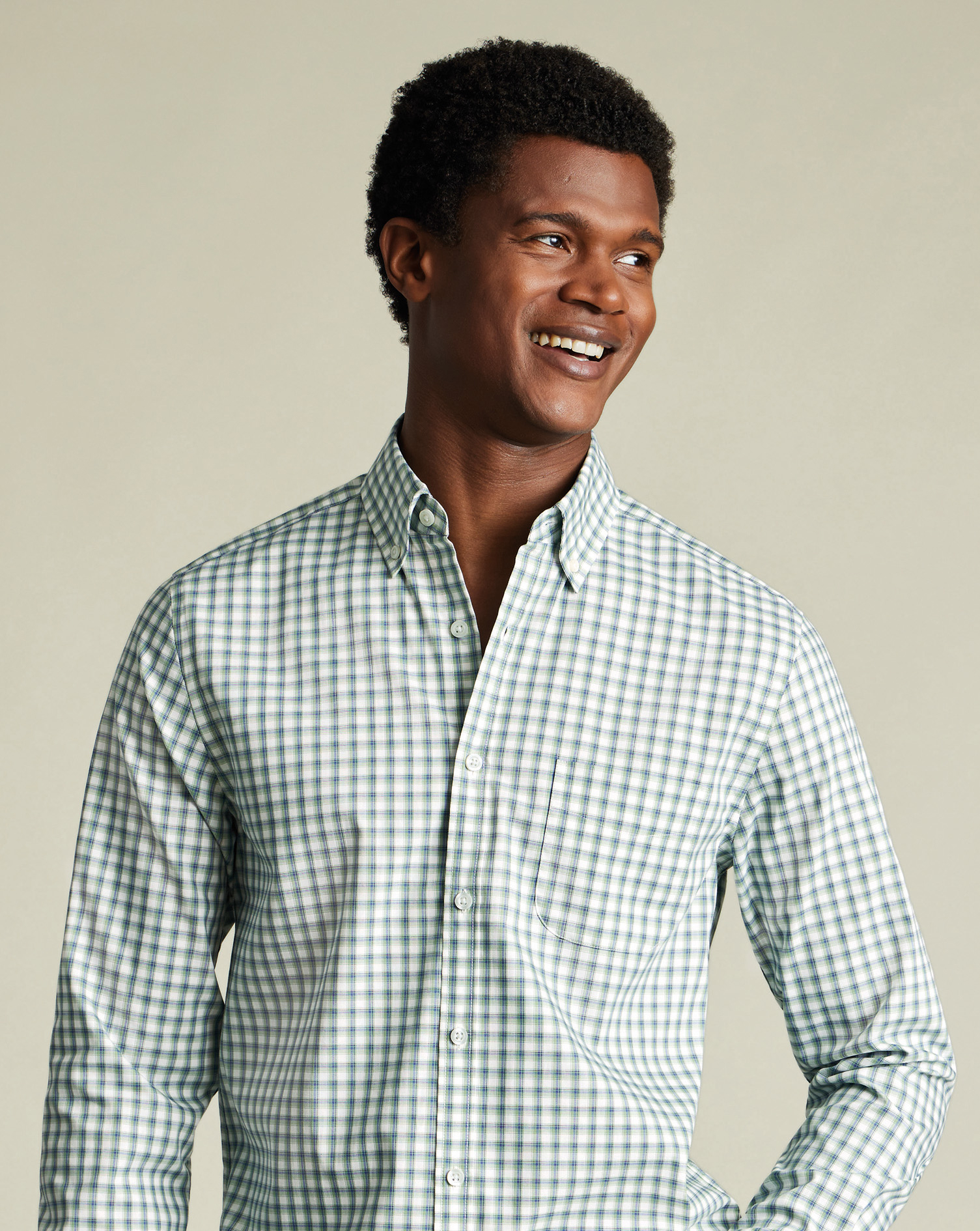 Non-Iron Stretch Poplin Mid Check Shirt - Green & Blue