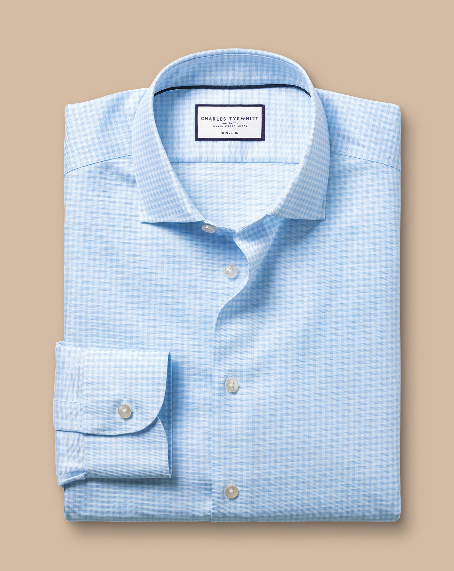 Semi-Cutaway Non-Iron Cotton Linen Shirt Check - Sky Blue