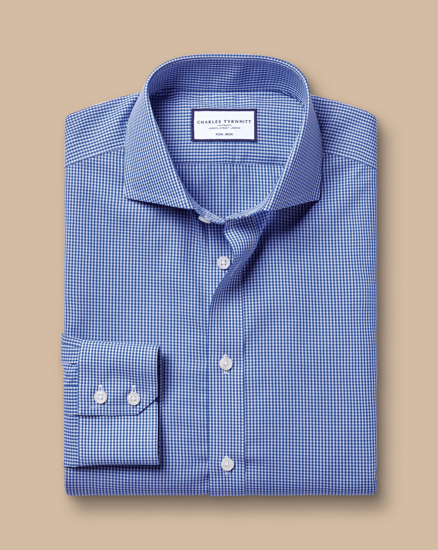 Cutaway Collar Non-Iron Poplin Mini Gingham Check Shirt - Cobalt Blue