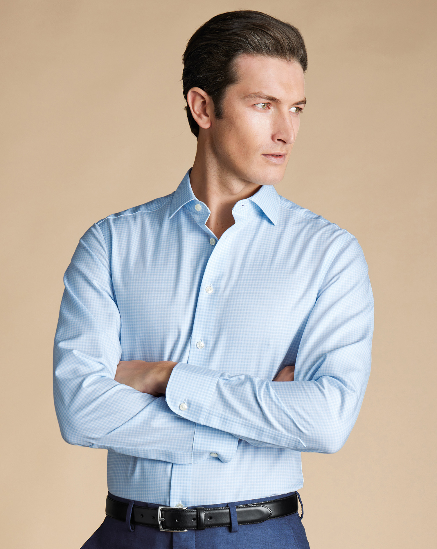 Semi-Cutaway Non-Iron Cotton Linen Shirt Check - Sky Blue