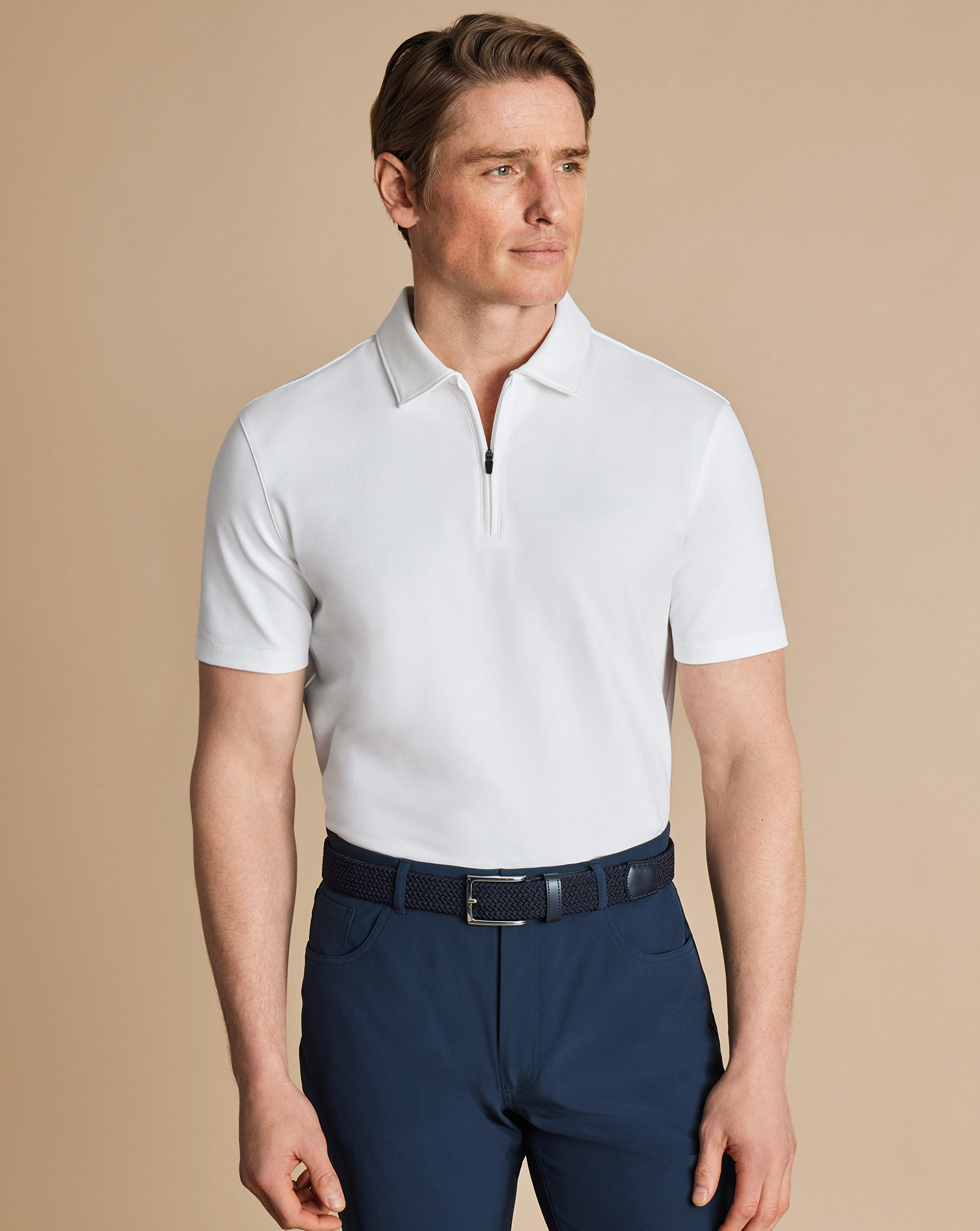 Charles Tyrwhitt Performance Reißverschlusskragen Piqué-Polo - Weiss