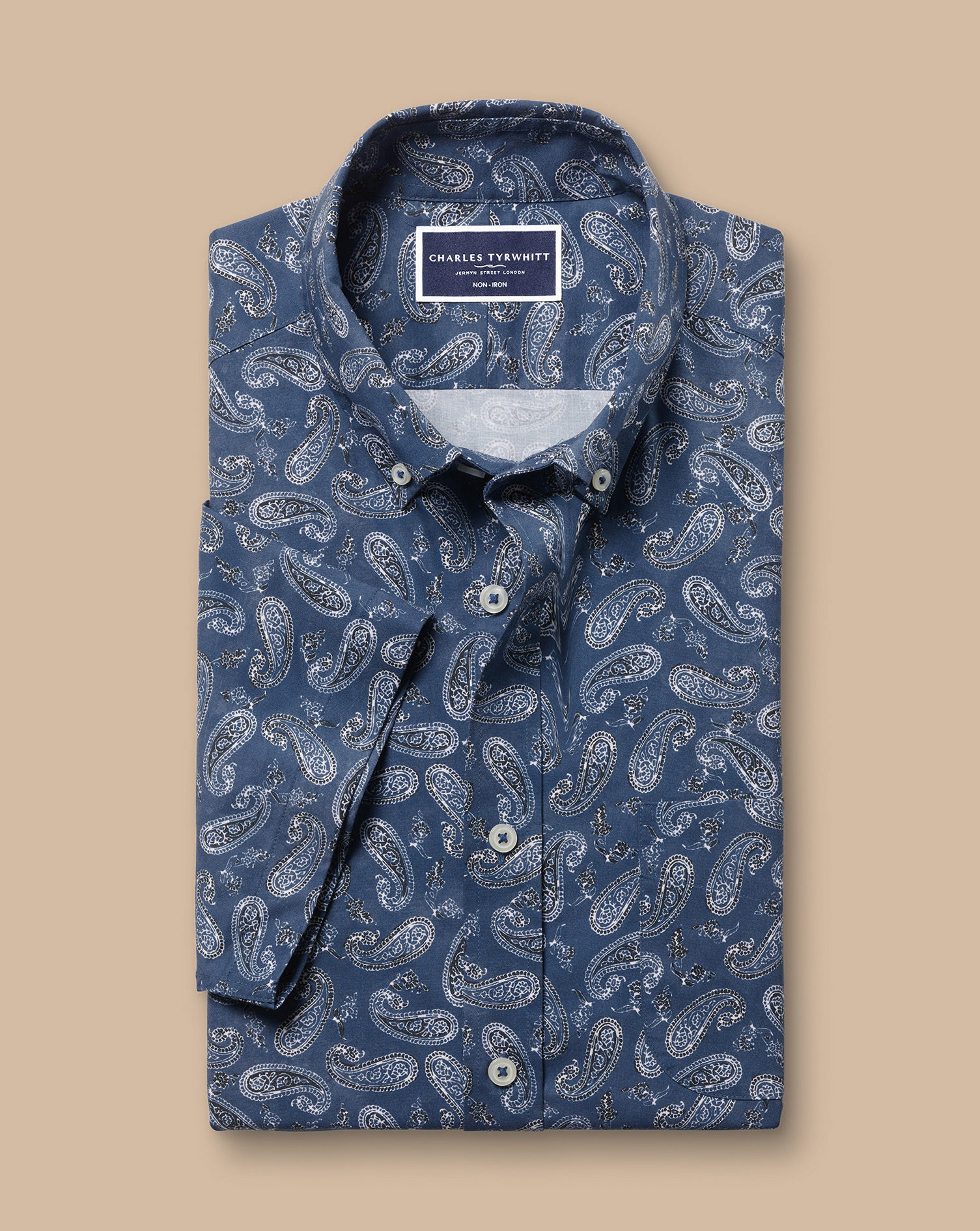 Non-Iron Stretch Paisley Print Short Sleeve Shirt - Indigo Blue