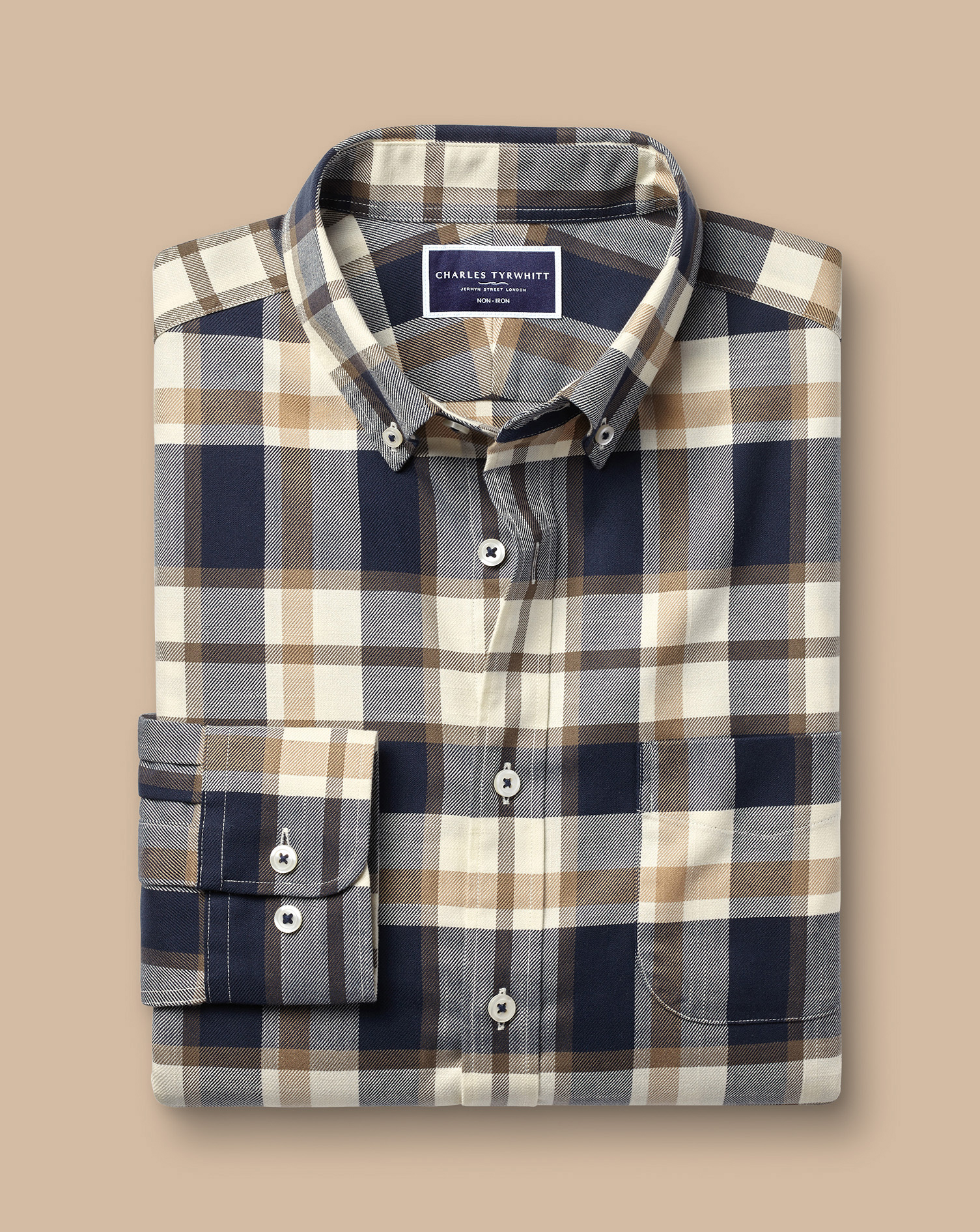 Button-Down Collar Non-Iron Twill Large Check Shirt - Sand