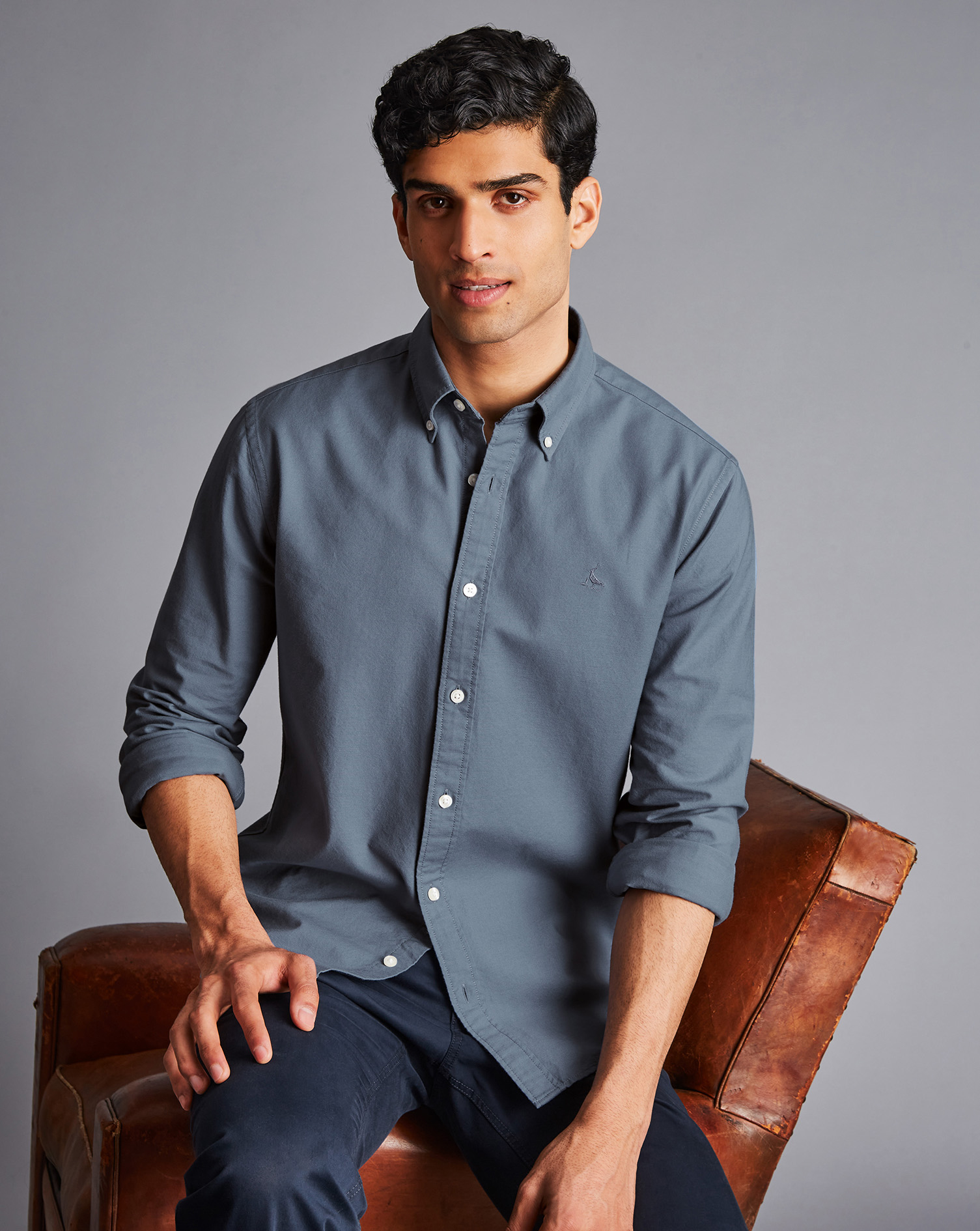 Button-Down Collar Washed Oxford Shirt - Mid Grey