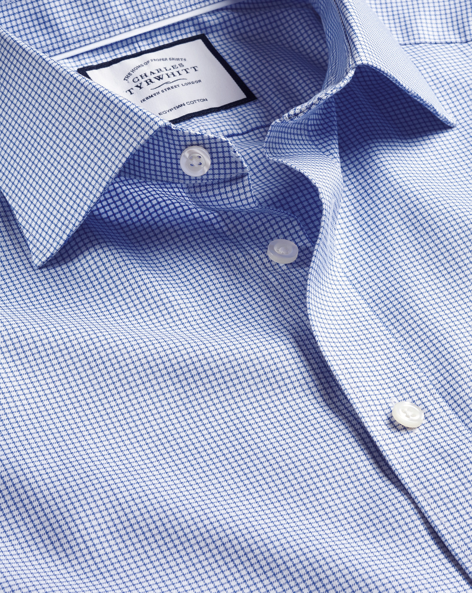 Semi-Cutaway Collar Egyptian Cotton Twill Small Grid Check Shirt - Ocean Blue