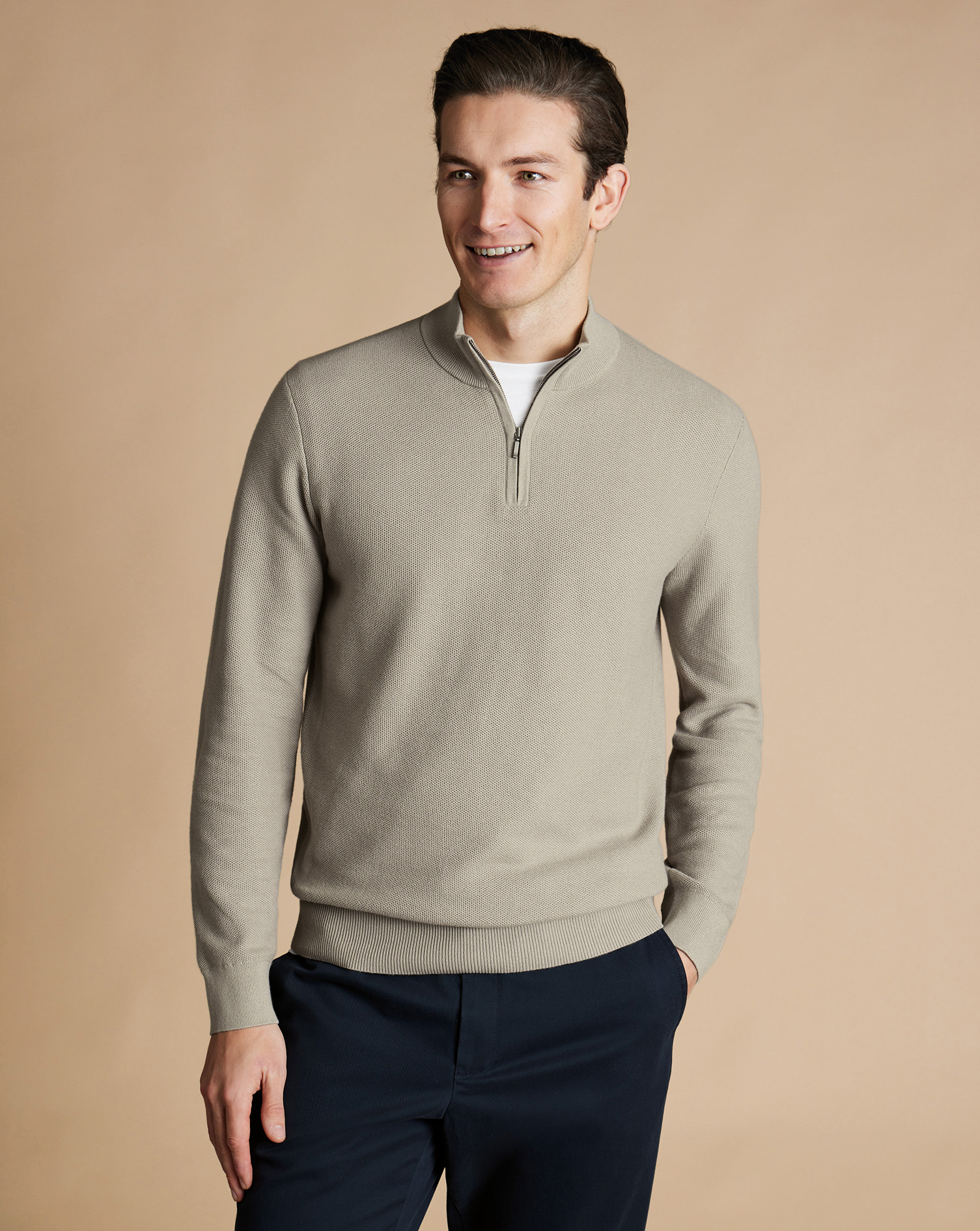 Honeycomb Cotton Zip Neck Jumper - Taupe