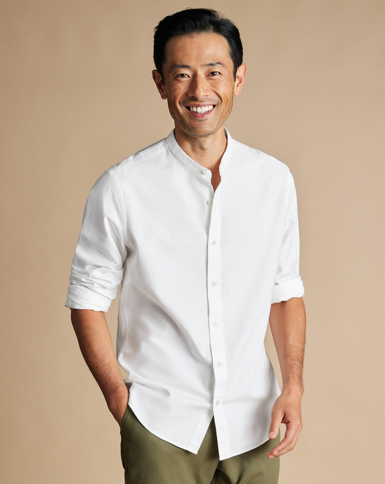 Collarless Cotton Linen Shirt - White