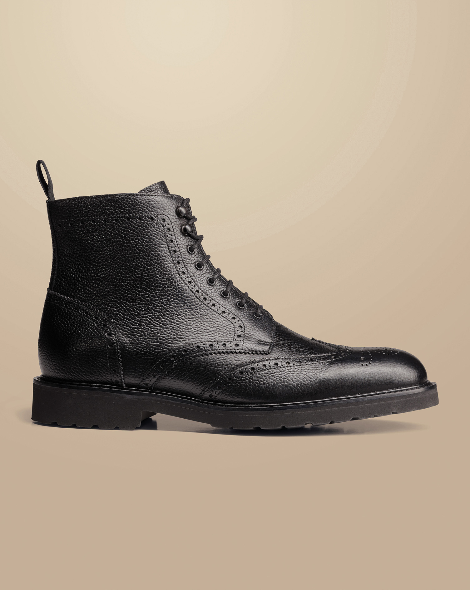 Grain Leather Rubber Sole Brogue Boots - Black