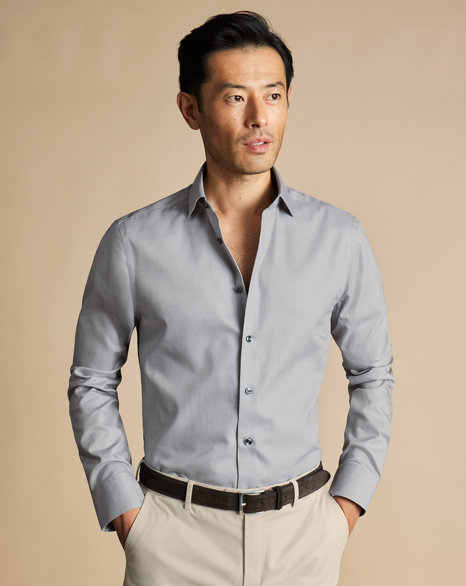 Semi-Cutaway Collar Non-Iron Twill Shirt with Printed Trim - Light Grey