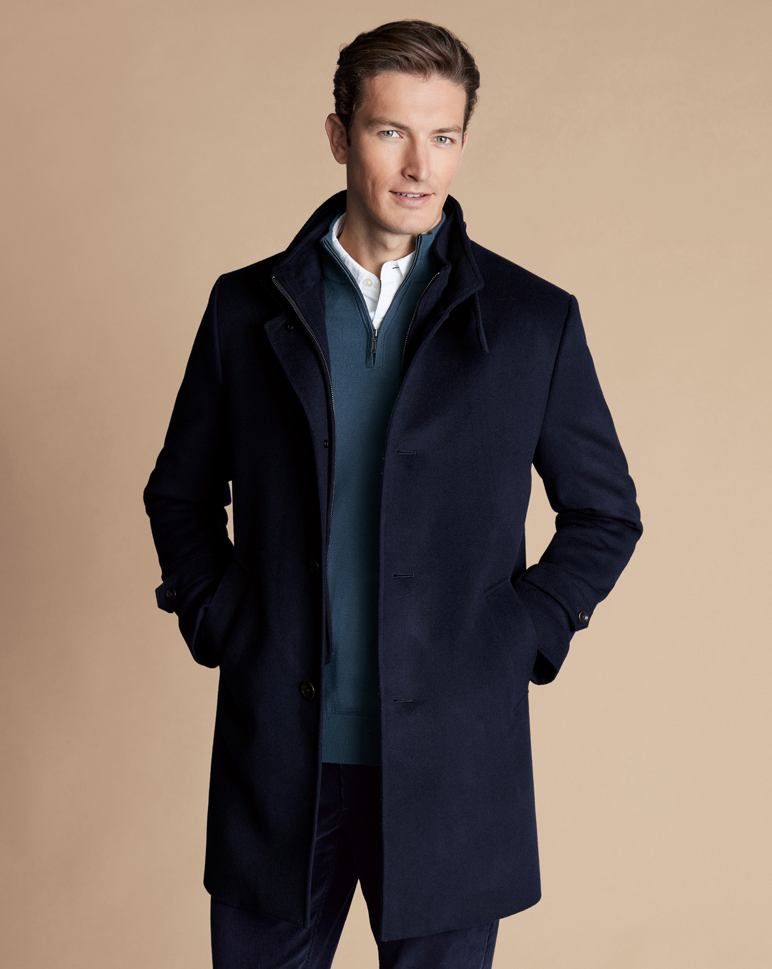 Wool Funnel Neck Overcoat - Navy