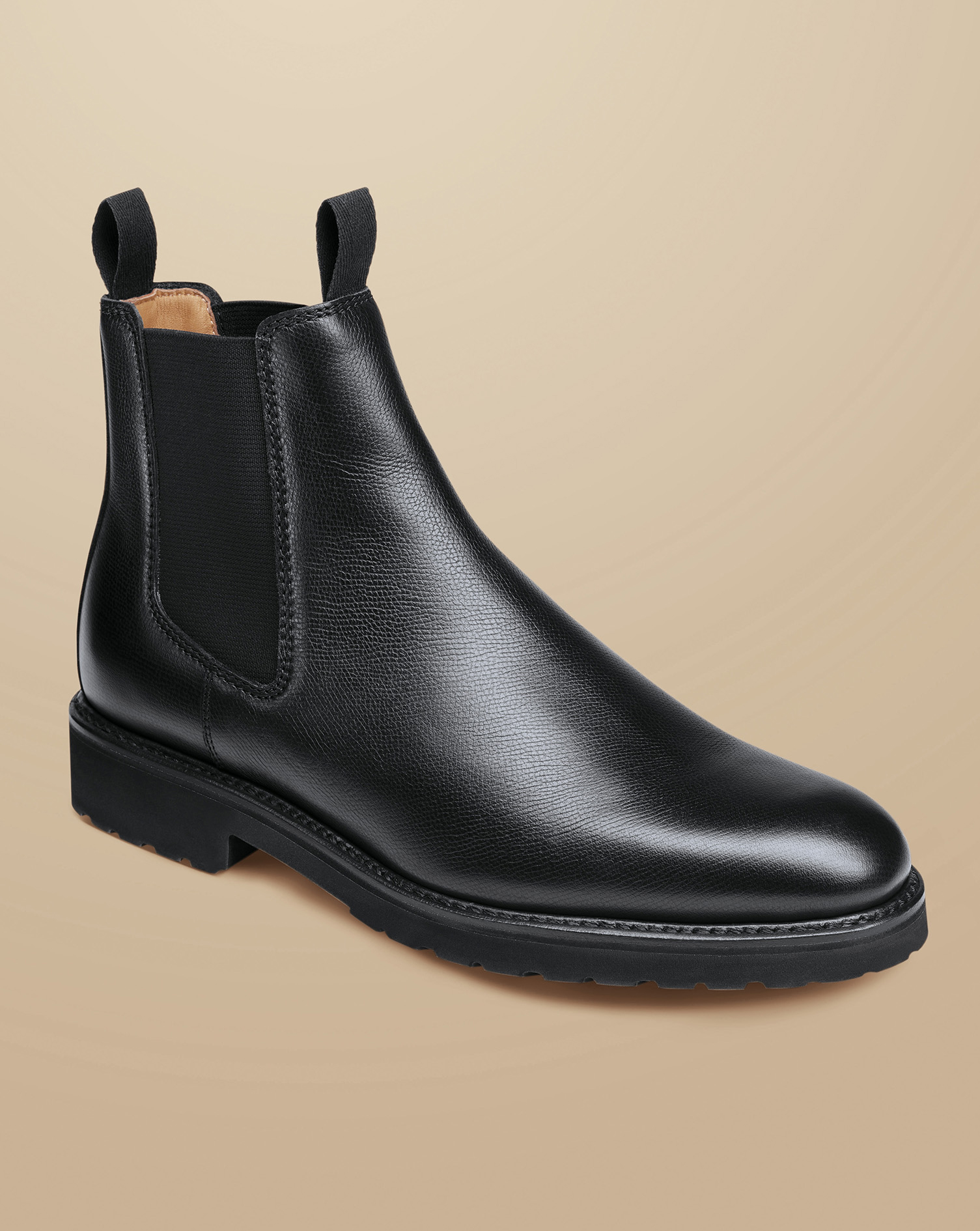 Rubber Sole Grain Leather Chelsea Boots - Black