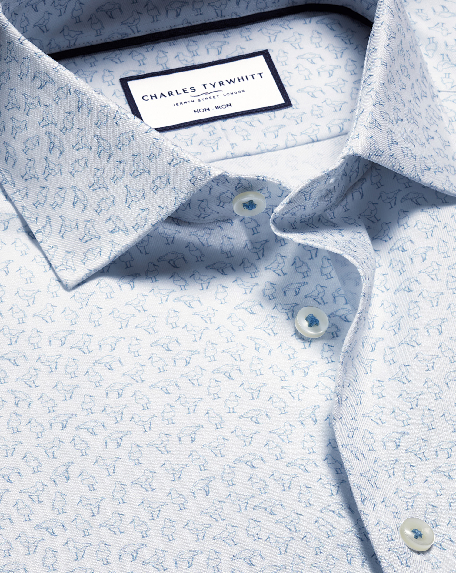 Charles Tyrwhitt Bügelfreies Stretch-Hemd mit Vogel-Motiv - Stahlblau Knopfmanschette