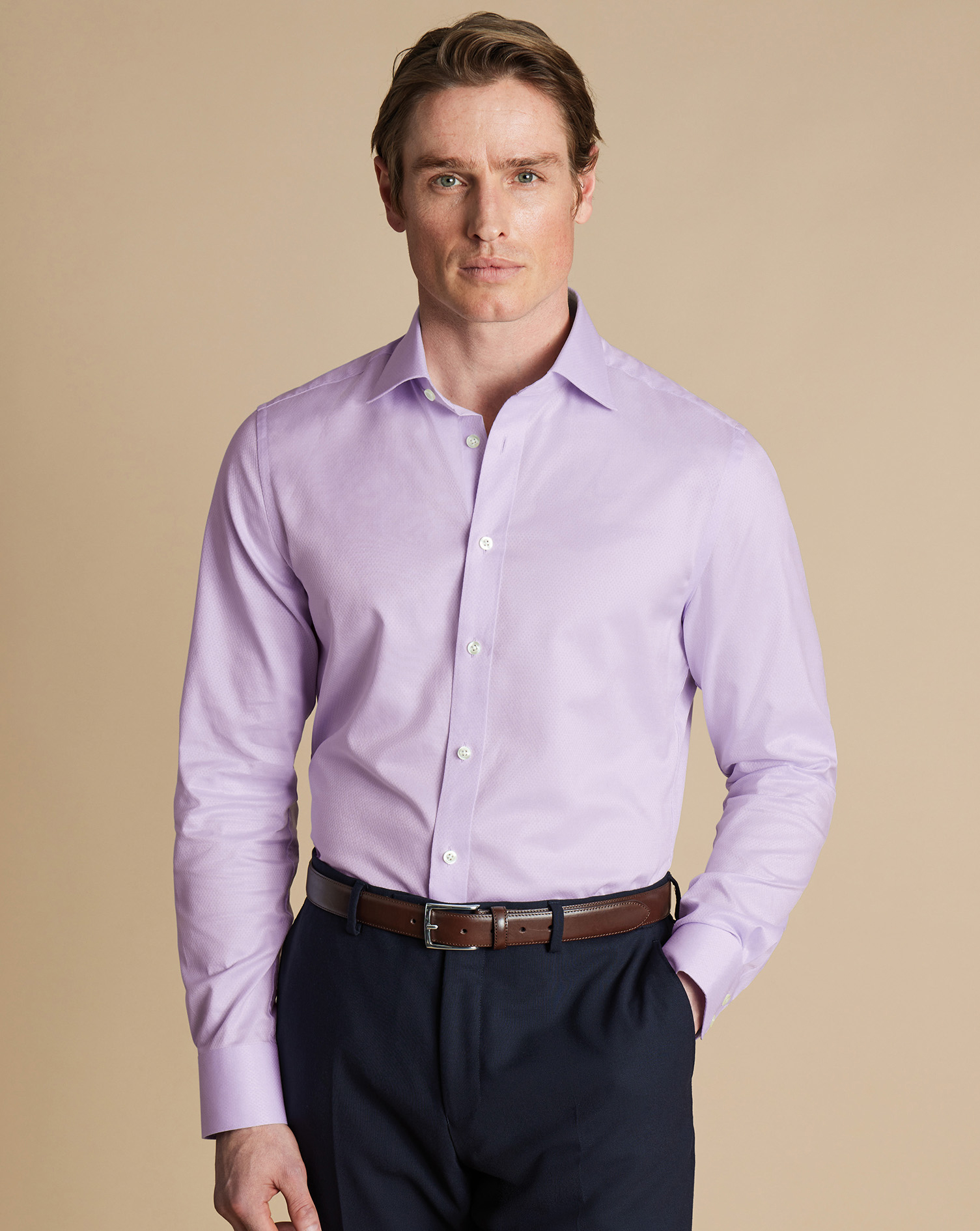 Semi-Cutaway Collar Egyptian Cotton Ascot Weave Shirt - Lilac Purple