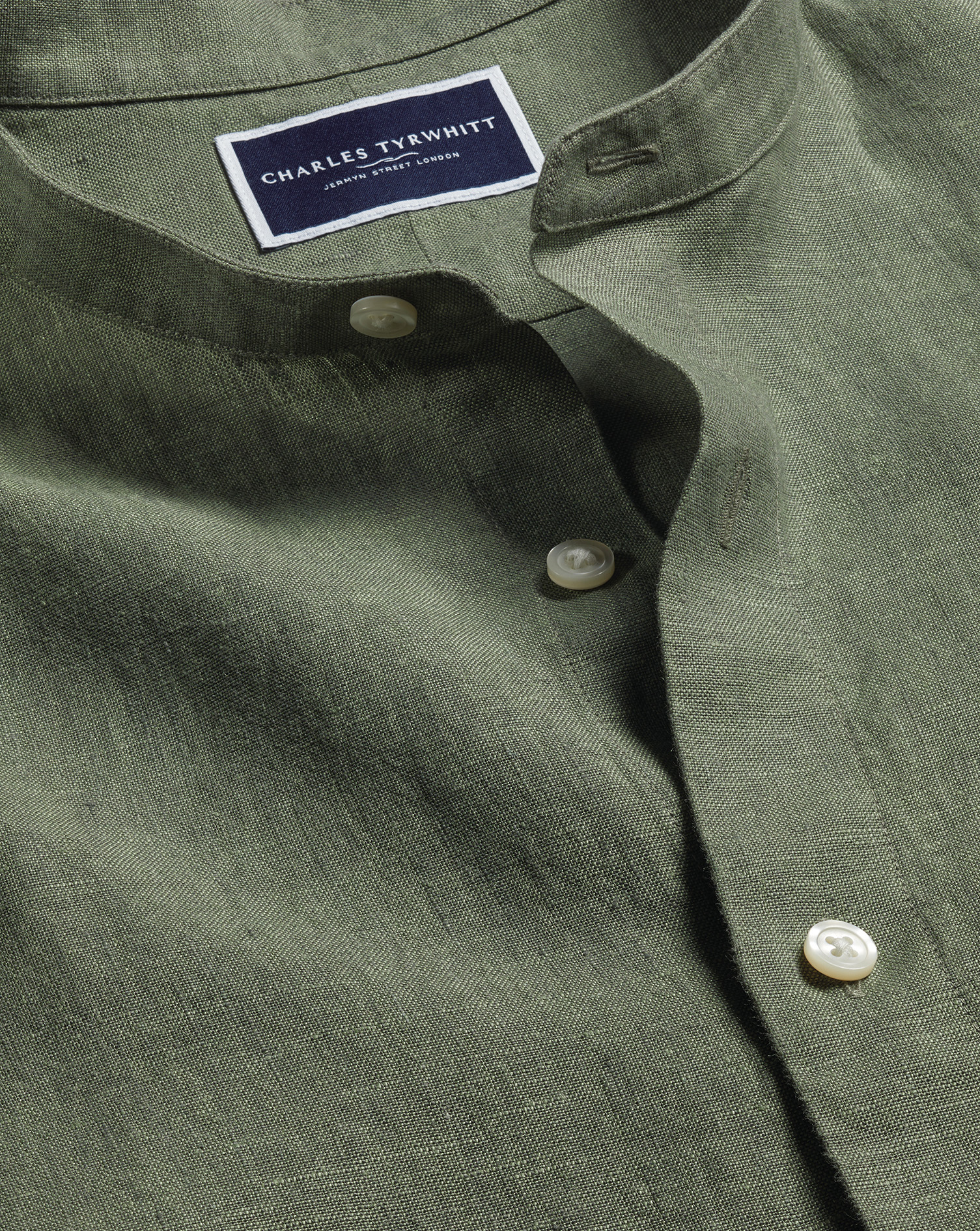 Collarless Pure Linen Shirt - Olive Green