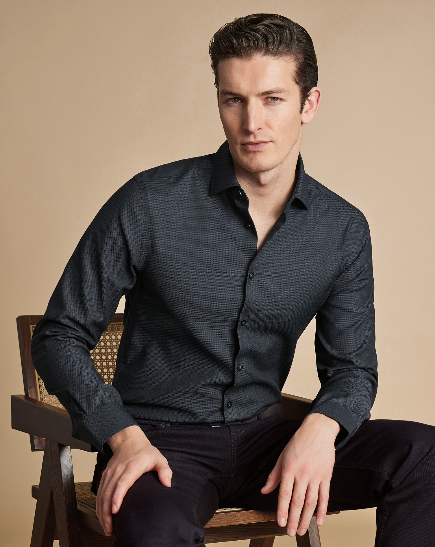 Semi-Cutaway Collar Non-Iron Stretch Texture Shirt - Dark Grey