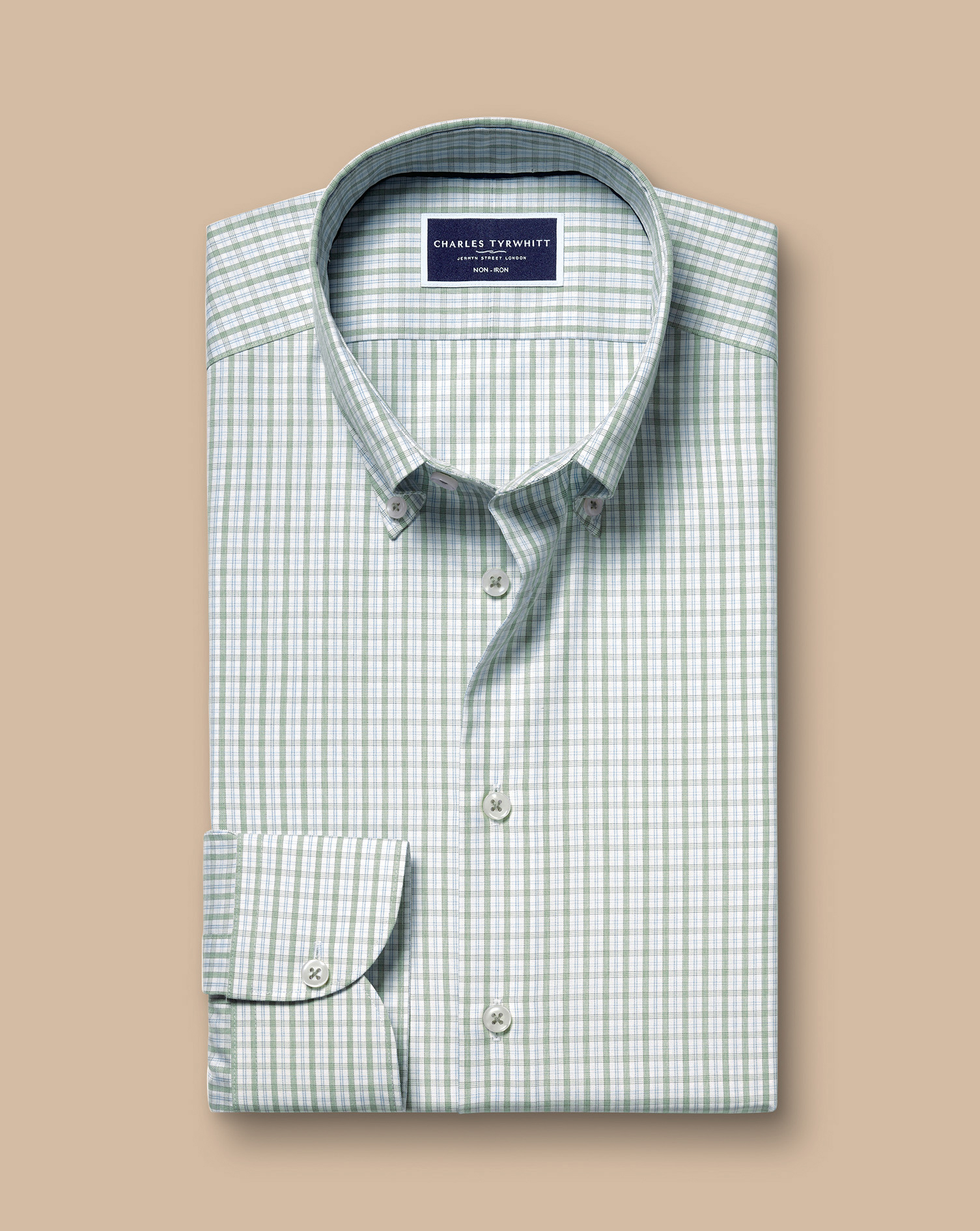 Button-Down Collar Non-Iron Oxford Grid Check Shirt - Sage Green