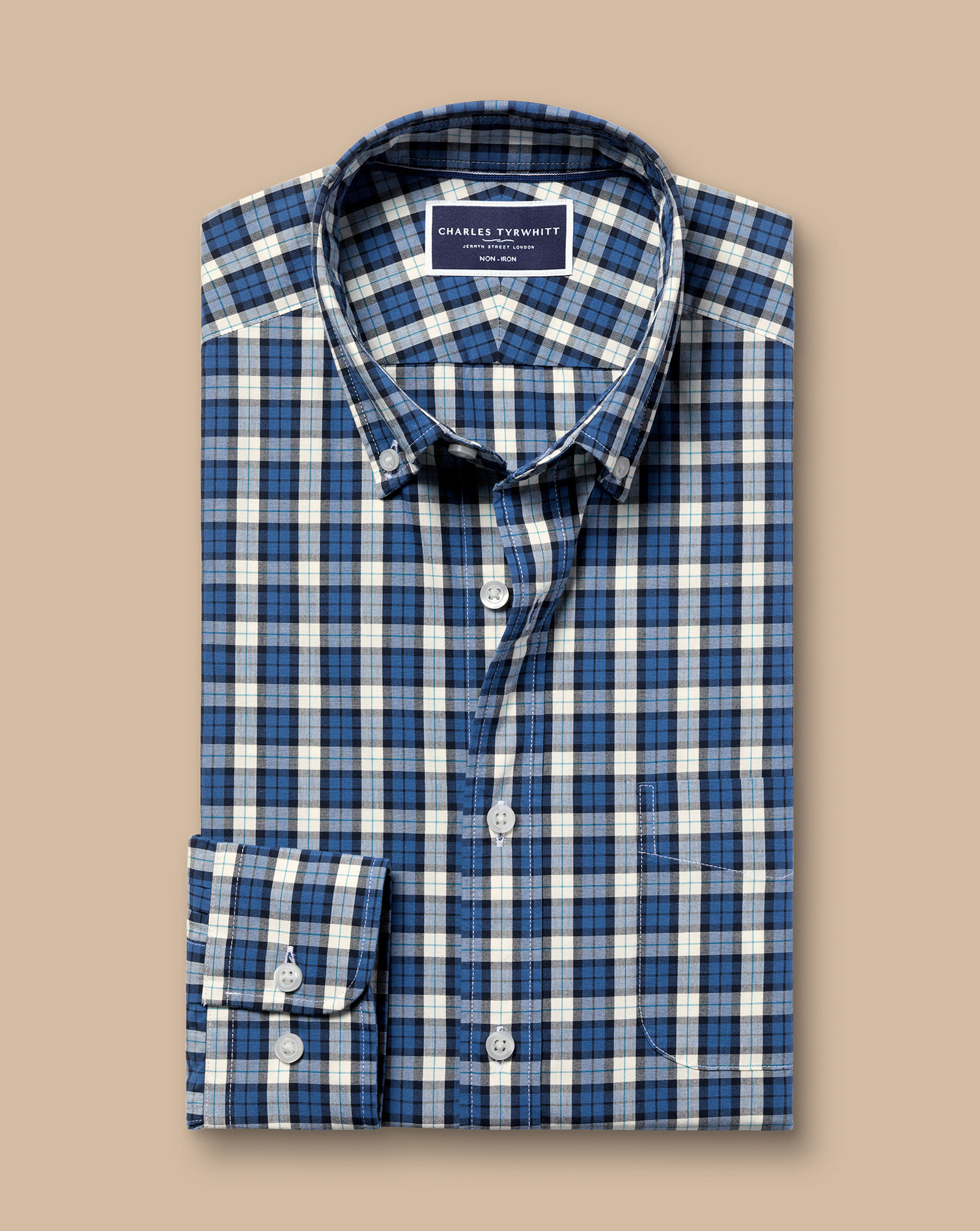 Button-Down Collar Non-Iron Stretch Poplin Plaid Check Shirt - Ocean Blue