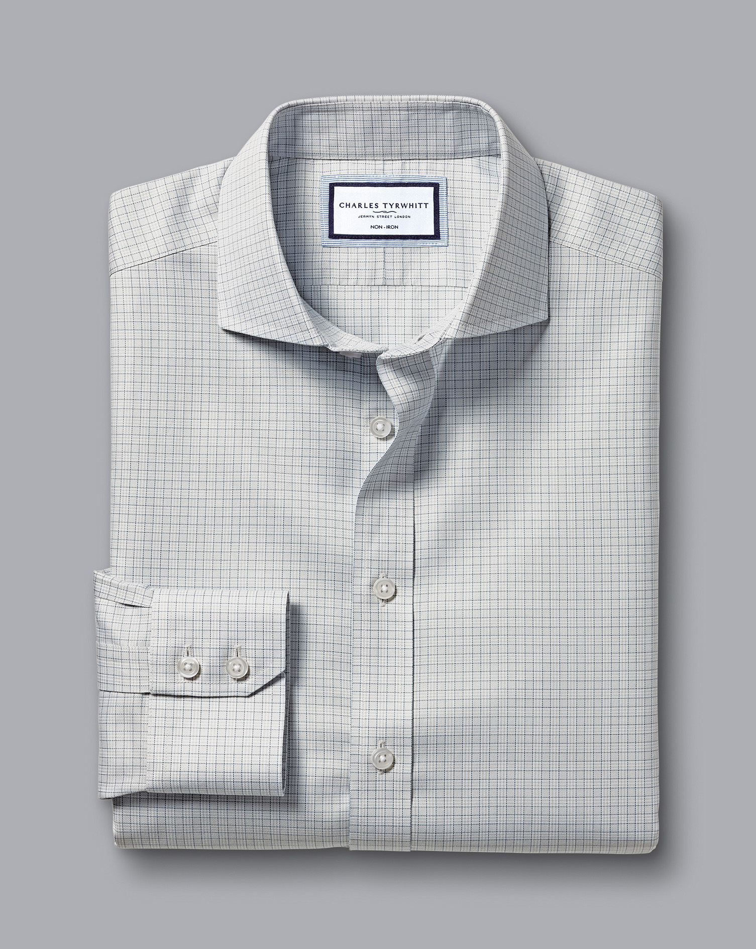 Cutaway Collar Non-Iron Mini Prince of Wales Check Shirt - Silver Grey