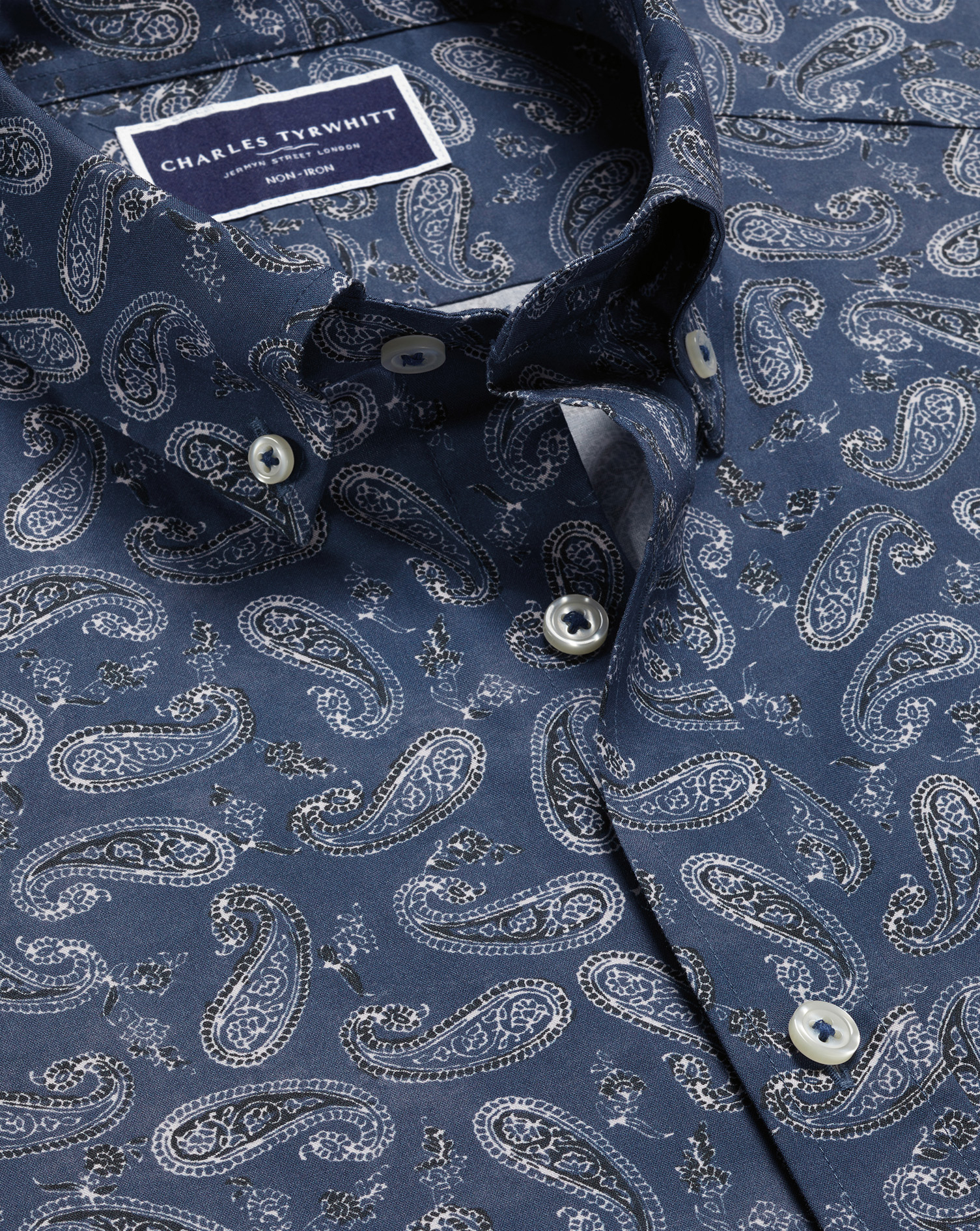 Non-Iron Stretch Paisley Print Short Sleeve Shirt - Indigo Blue