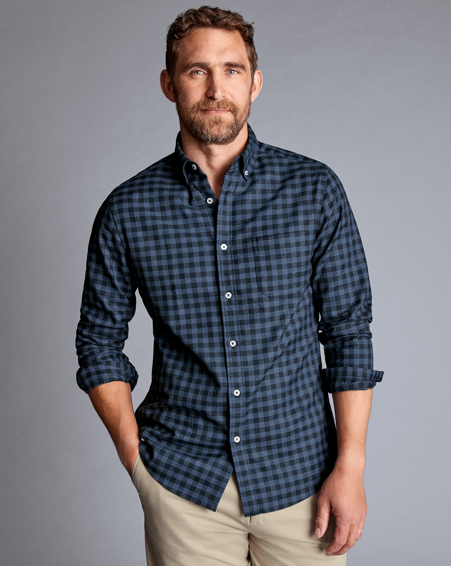 Button-Down Collar Non-Iron Twill Gingham Shirt - Indigo Blue