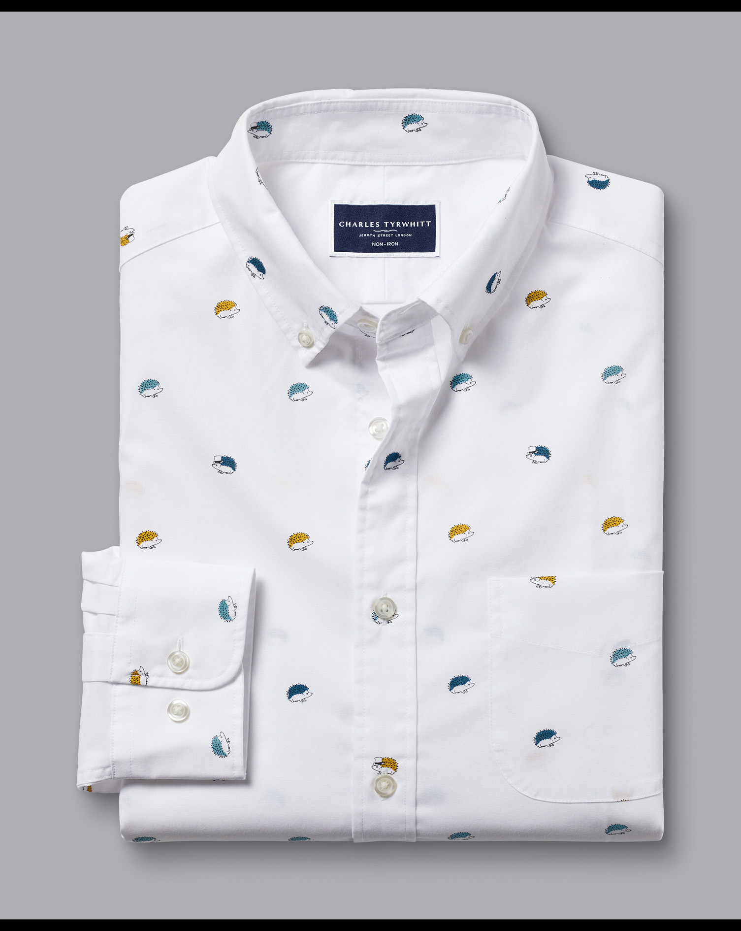 Button-Down Collar Non-Iron Hedgehog Print Shirt - Multi