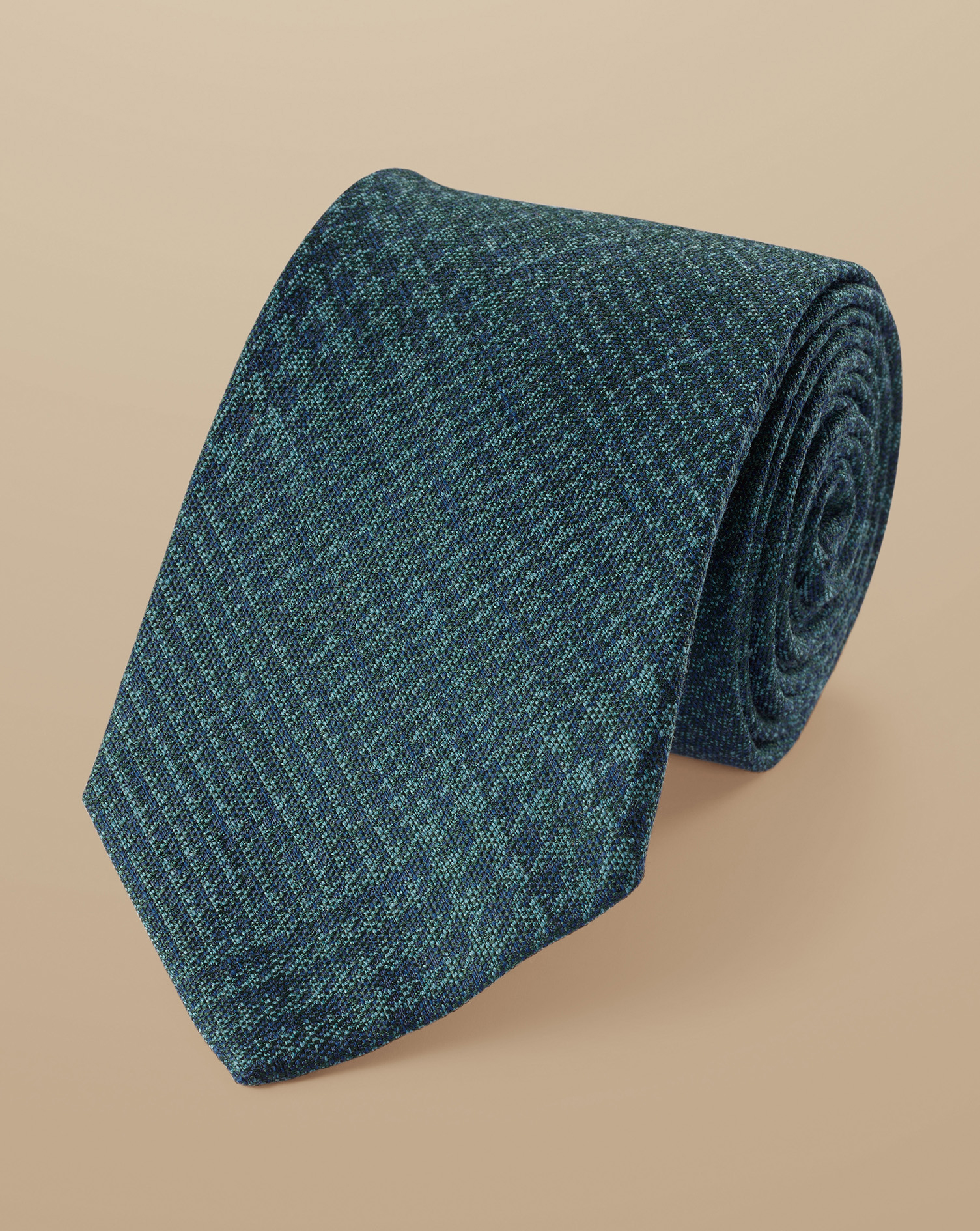 Silk Wool Blend Prince of Wales Check Tie  - Green & Blue