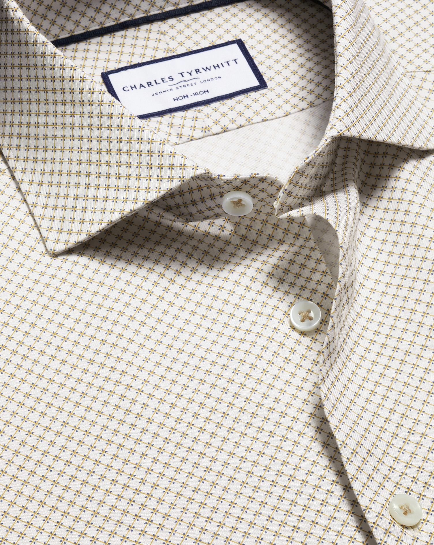 Charles Tyrwhitt Bügelfreies Stretch-Hemd mit geometrischem Muster - Taupe & Blau Knopfmanschette