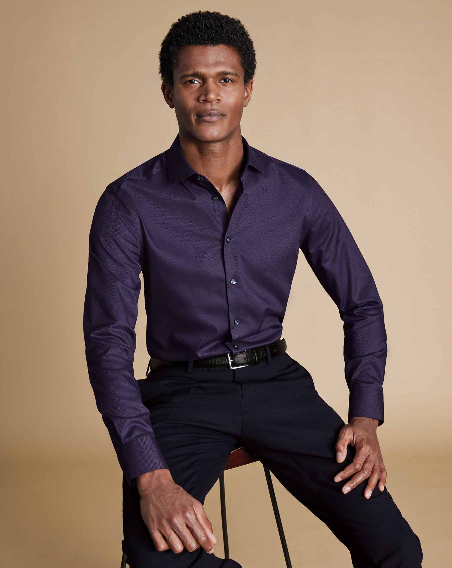 Semi-Cutaway Collar Non-Iron Stretch Texture Shirt - Purple