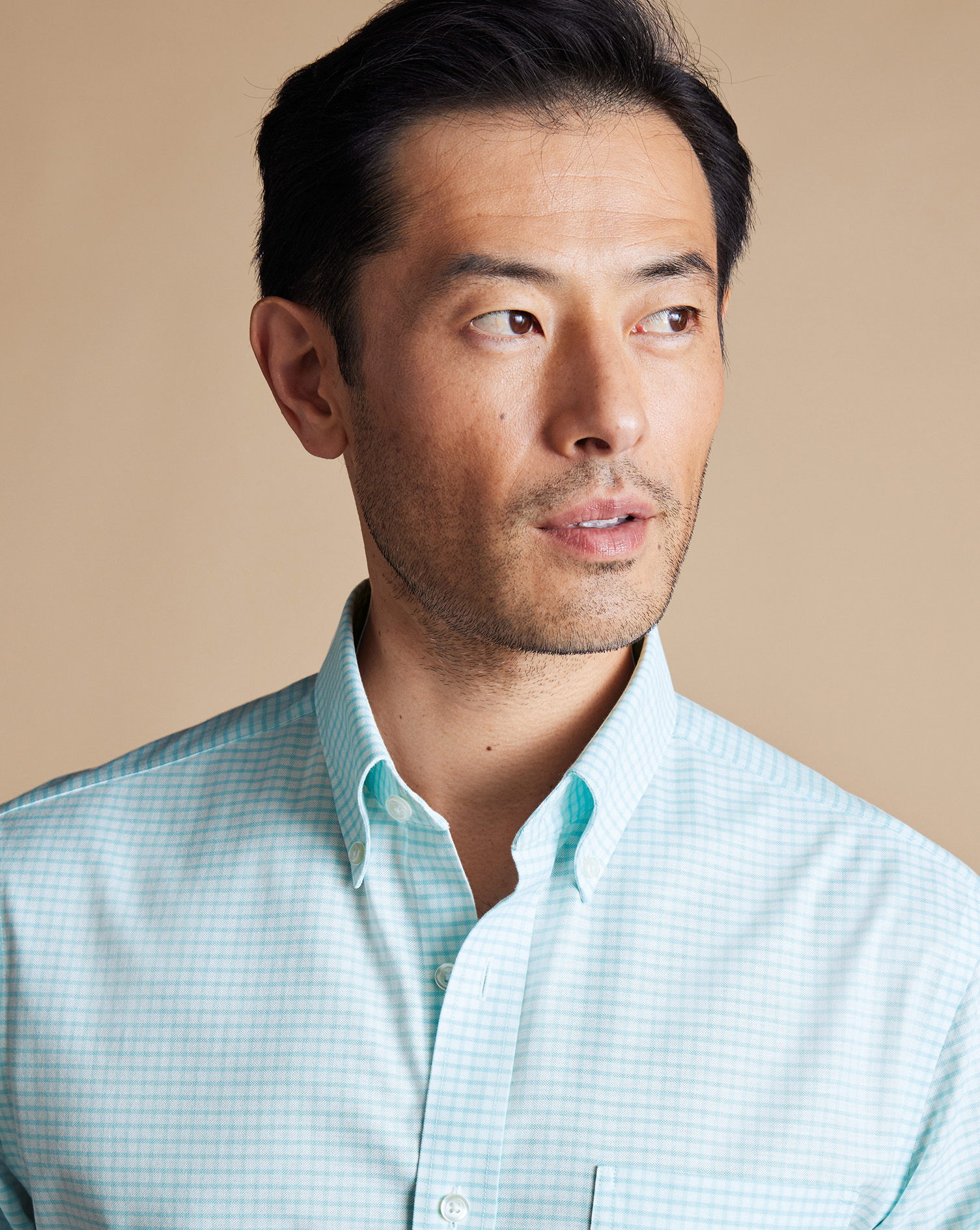 Button-Down Collar Non-Iron Stretch Check Oxford Shirt - Aqua Green