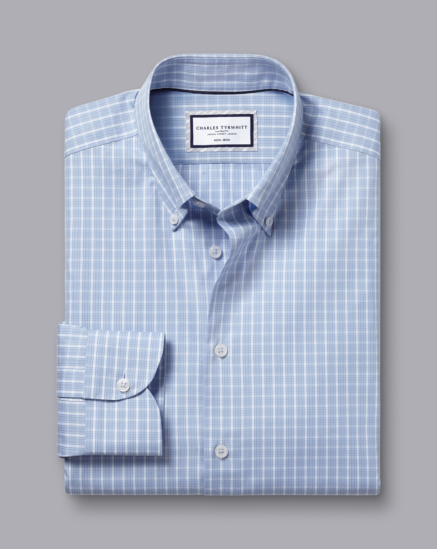 Button-Down Collar Non-Iron Windowpane Check Shirt - Sky Blue