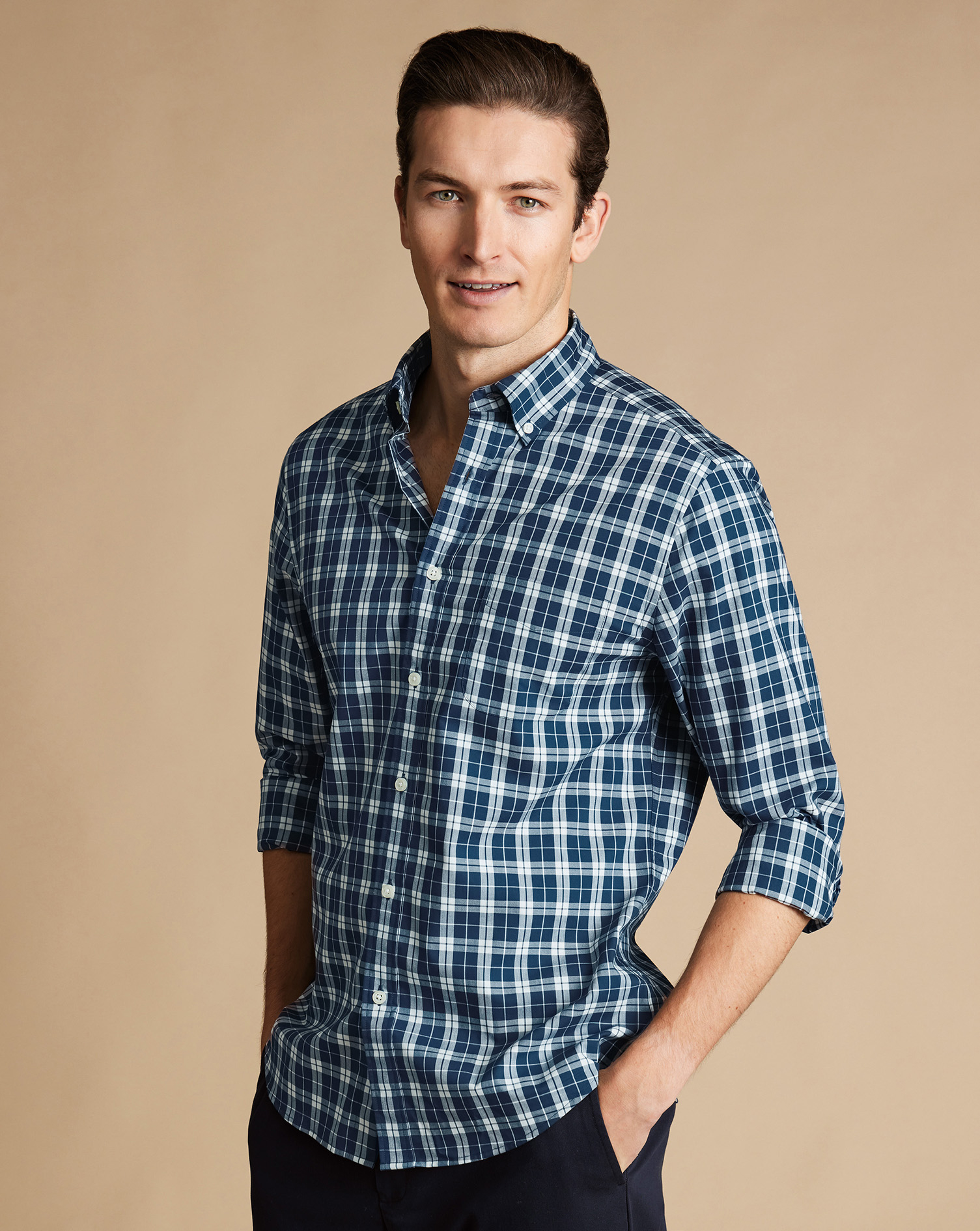 Button-Down Collar Non-Iron Stretch Poplin Check Shirt - Blue