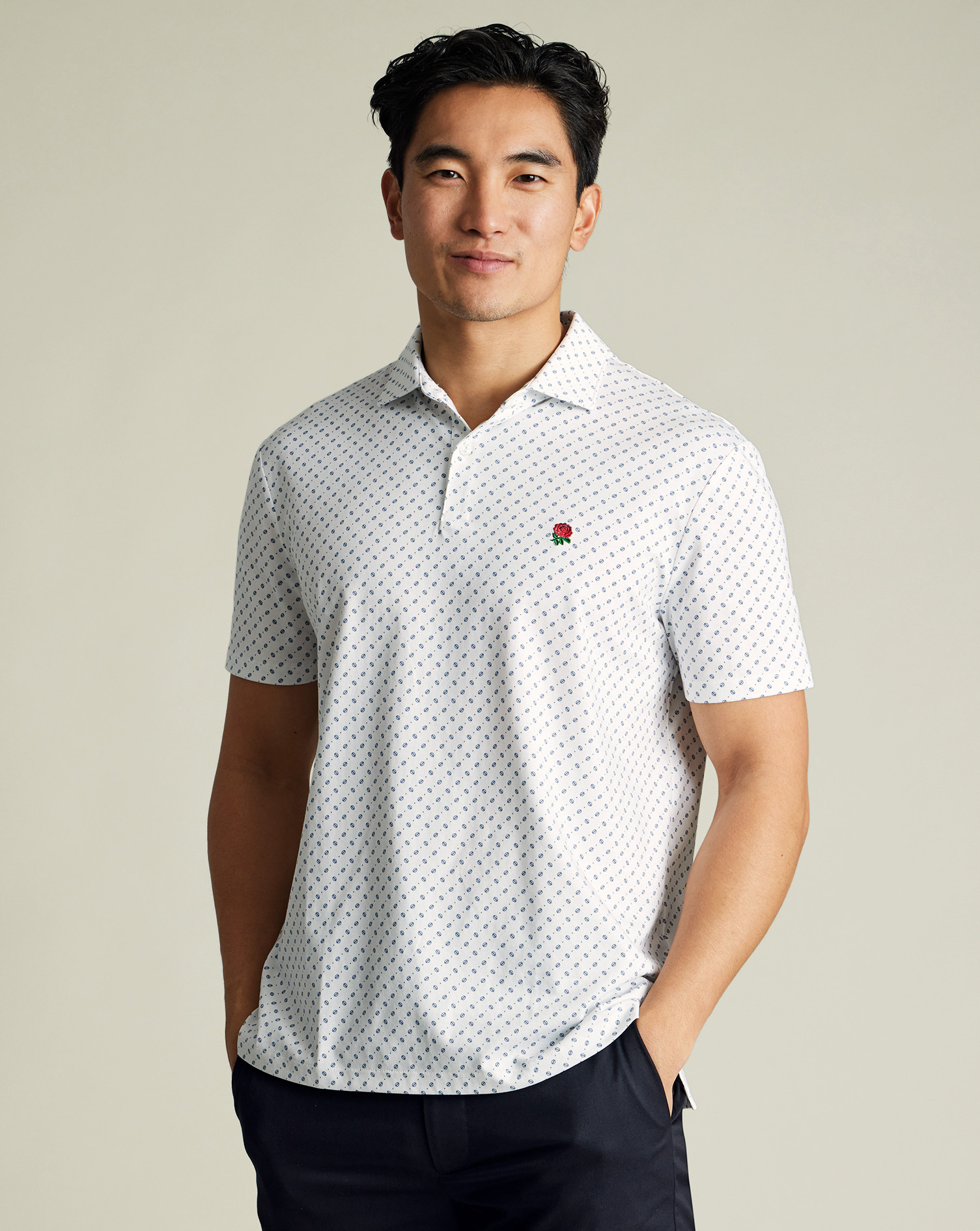 Charles Tyrwhitt England Rugby Performance Polo mit motiv - Weiß & Marineblau