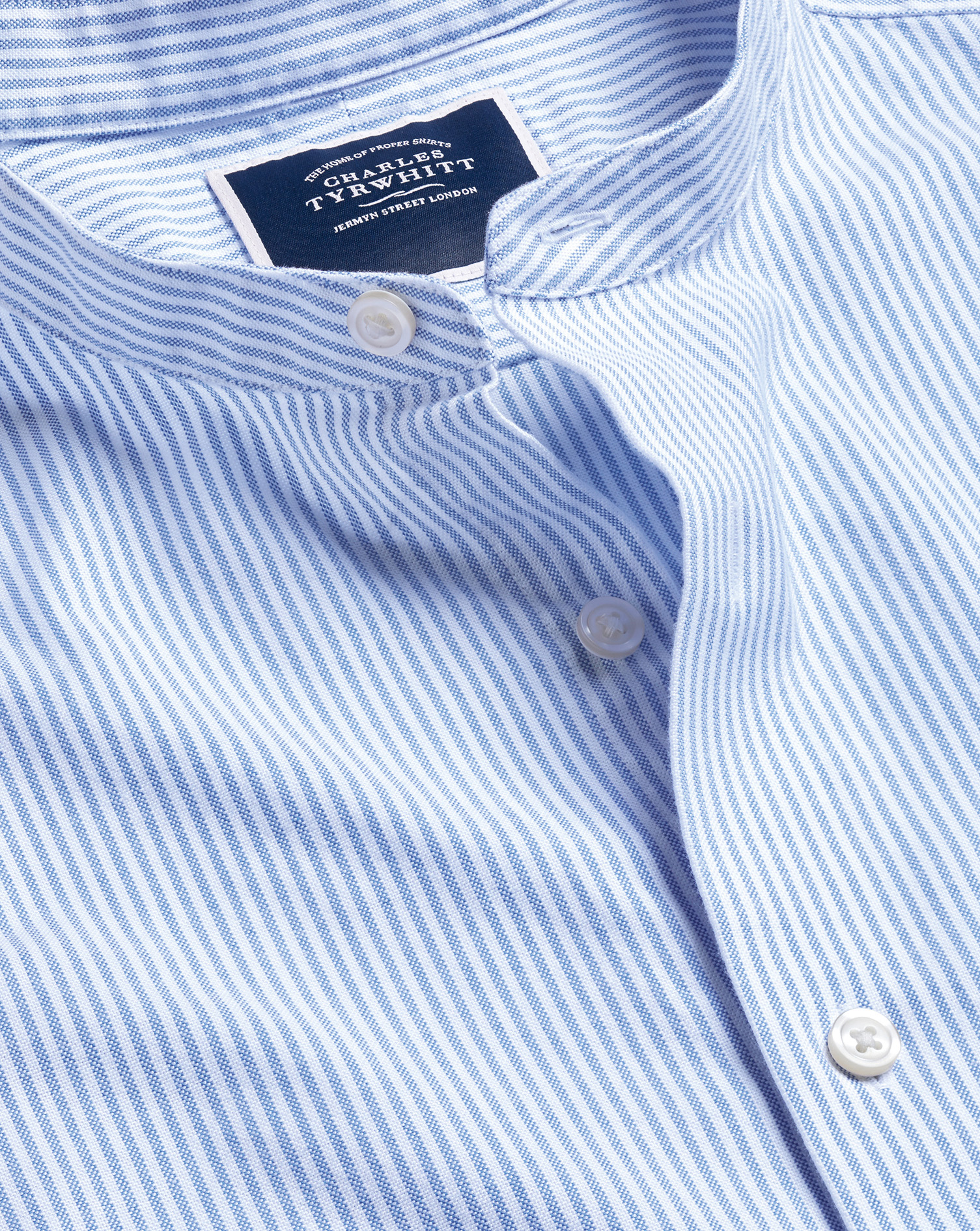 Collarless Stretch Washed Oxford Stripe Shirt - Ocean Blue