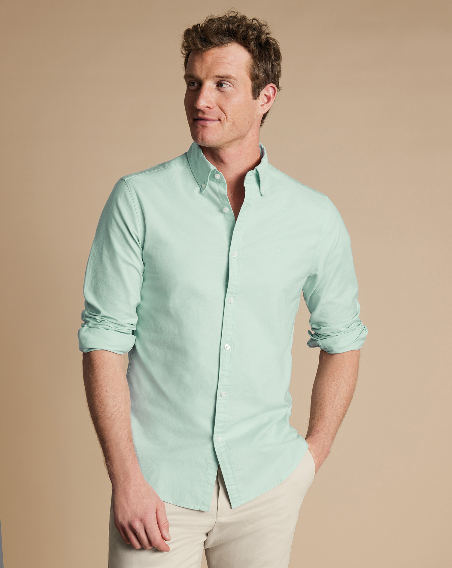 Button-Down Collar Stretch Washed Oxford Shirt - Light Green