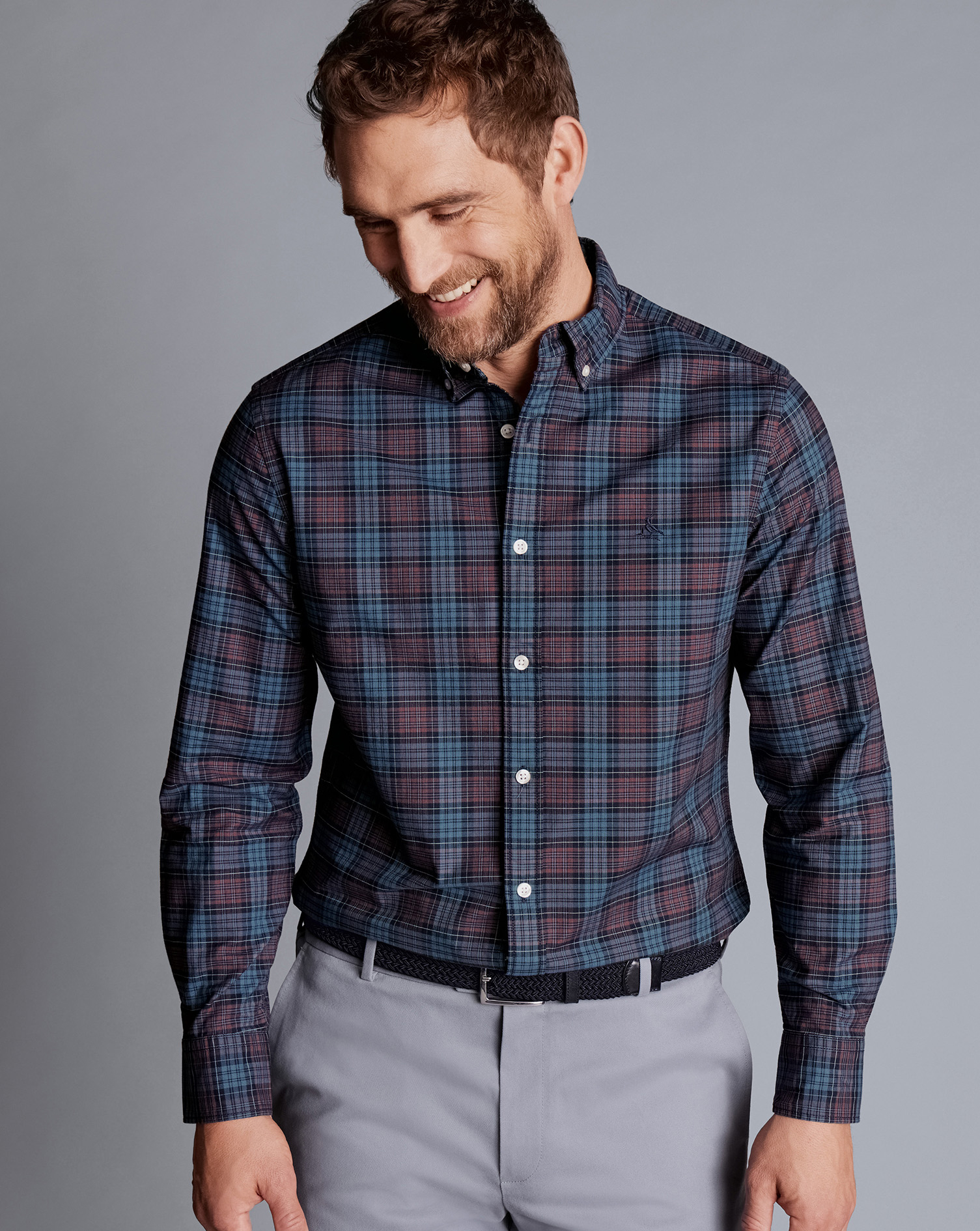 Button-Down Collar Washed Oxford Check Shirt - Blackberry