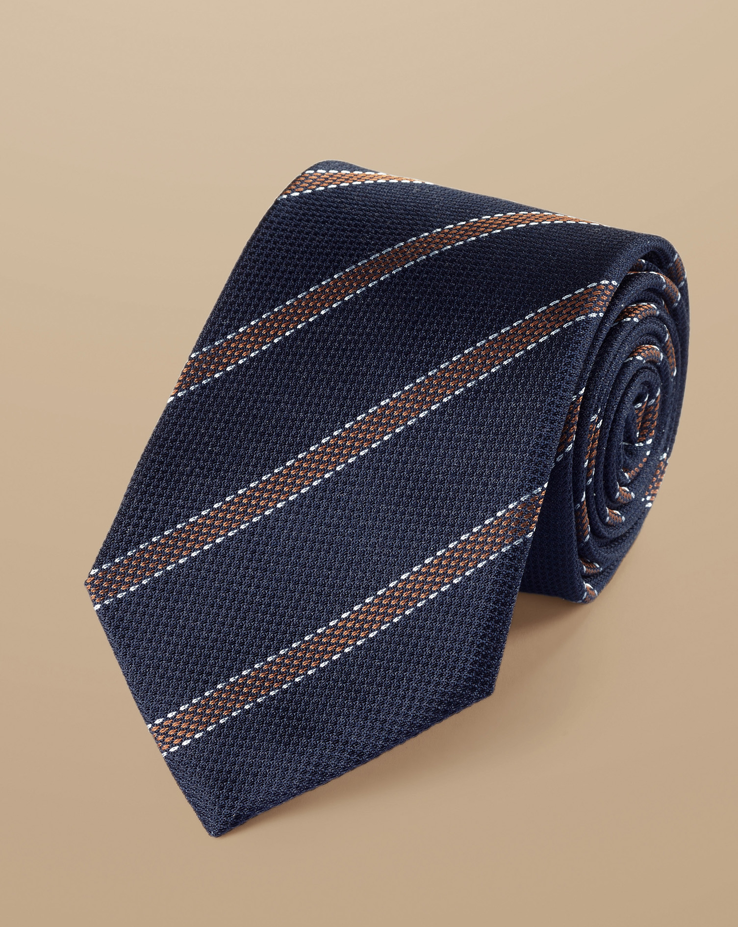 Silk Stripe Tie - French Blue & Camel