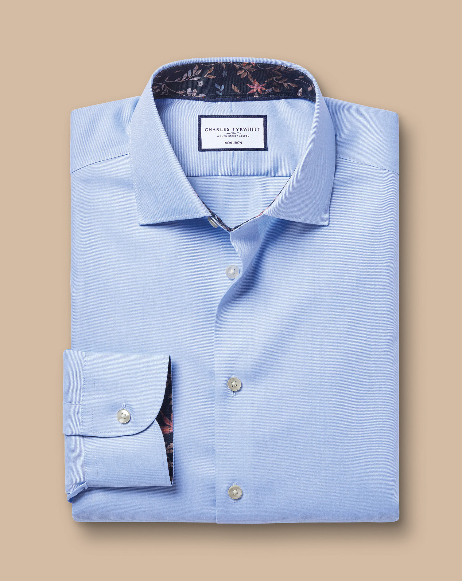 Semi-Cutaway Collar Non-Iron Twill Shirt with Printed Trim - Cornflower Blue