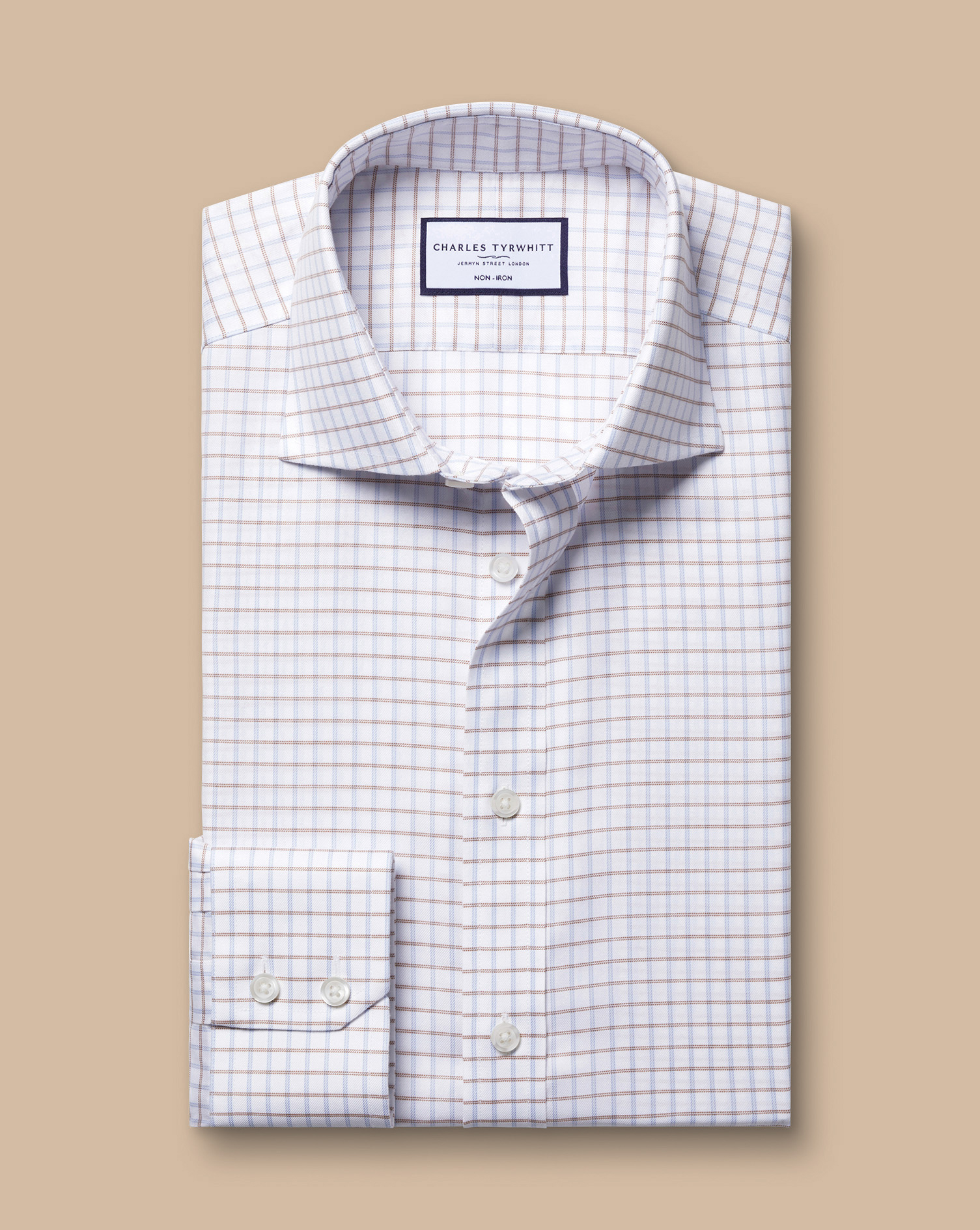 Cutaway Collar Non-Iron Twill Fine Check Shirt - Sky Blue & Gold