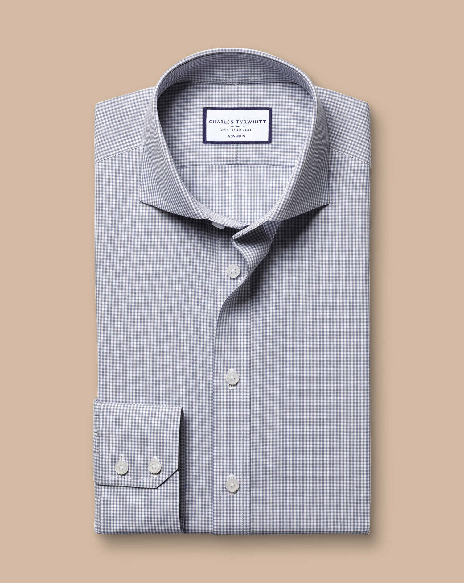 Cutaway Collar Non-Iron Poplin Mini Gingham Check Shirt - Light Grey