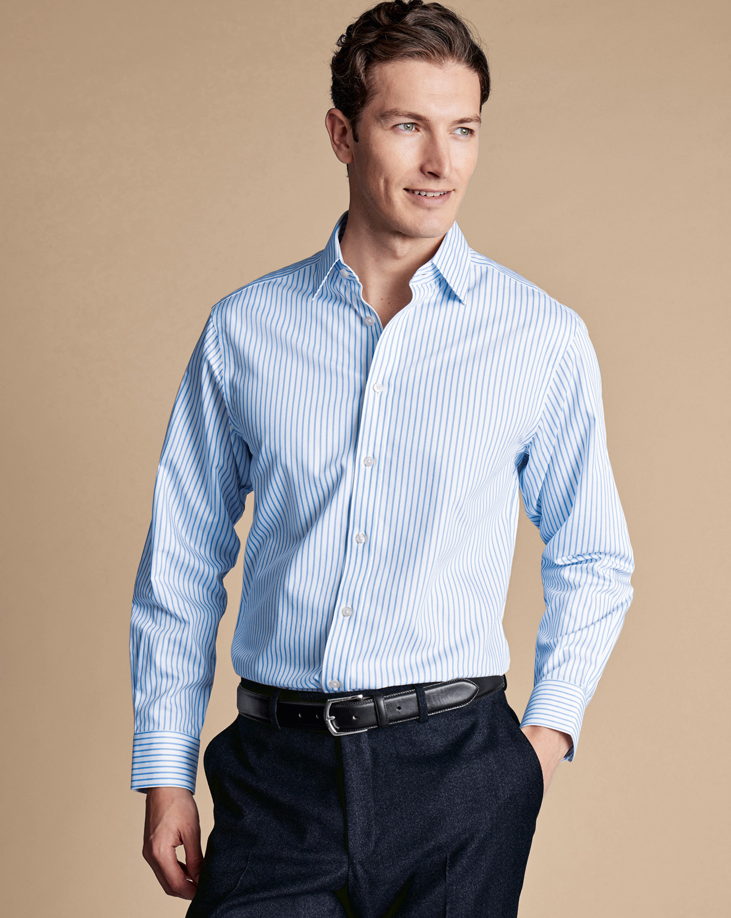 Non-Iron Twill Stripe Shirt - Cornflower Blue