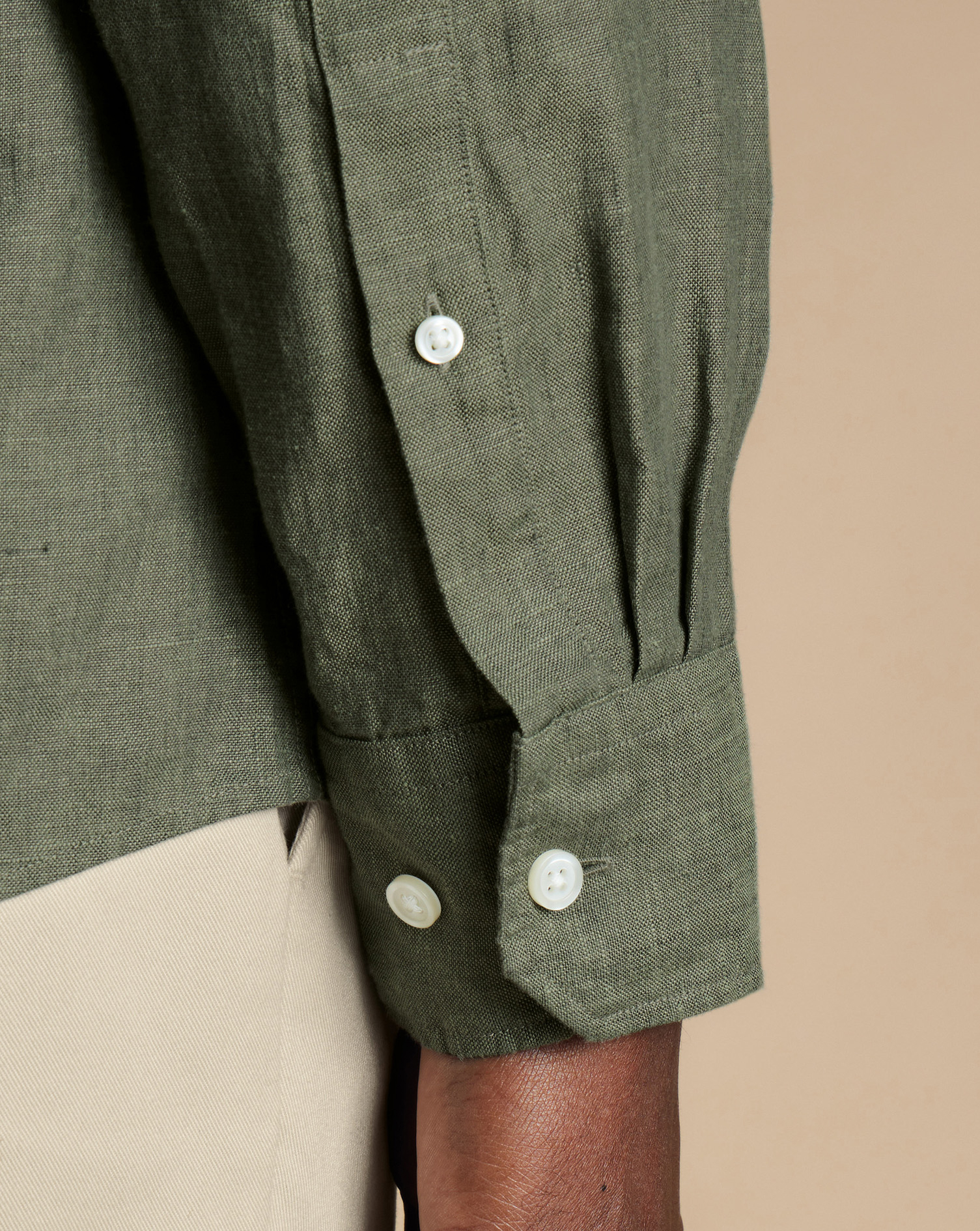 Collarless Pure Linen Shirt - Olive Green