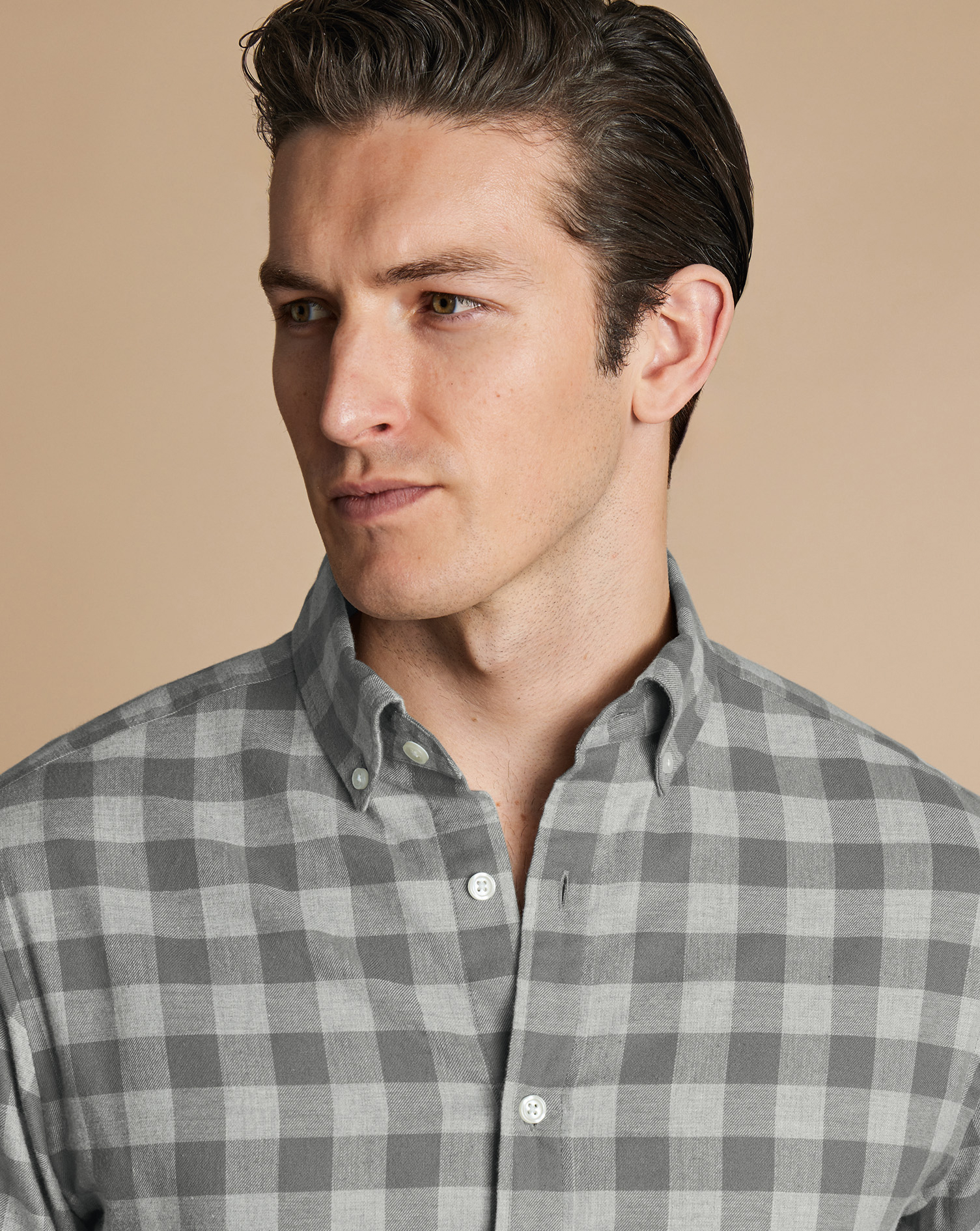 Button-Down Collar Brushed Flannel Gingham Shirt - Light Grey