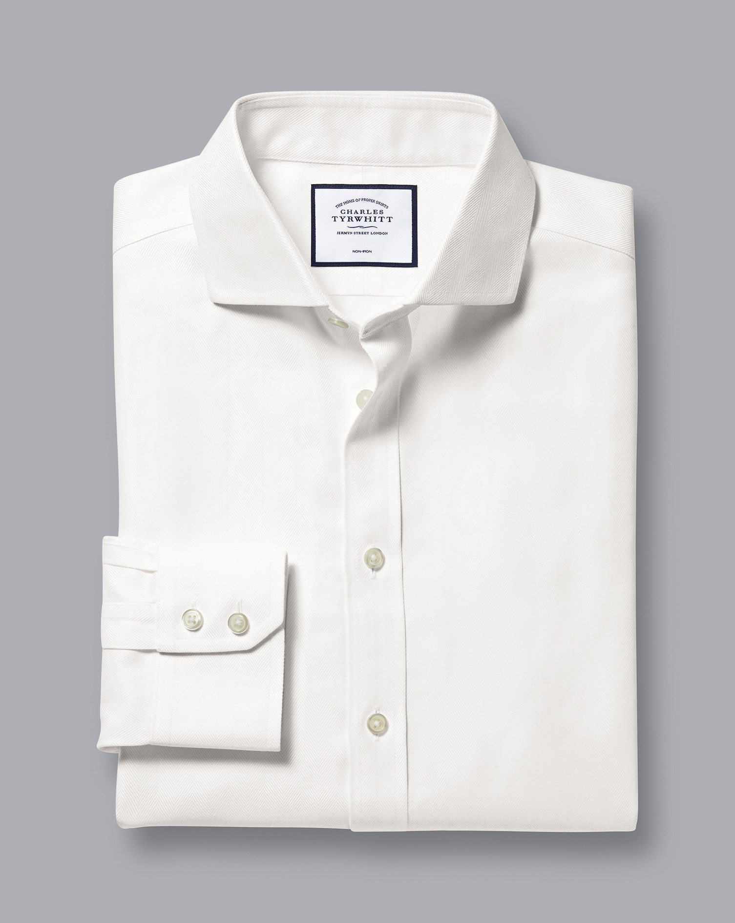 Cutaway Collar Non-Iron Herringbone Shirt - Ivory White