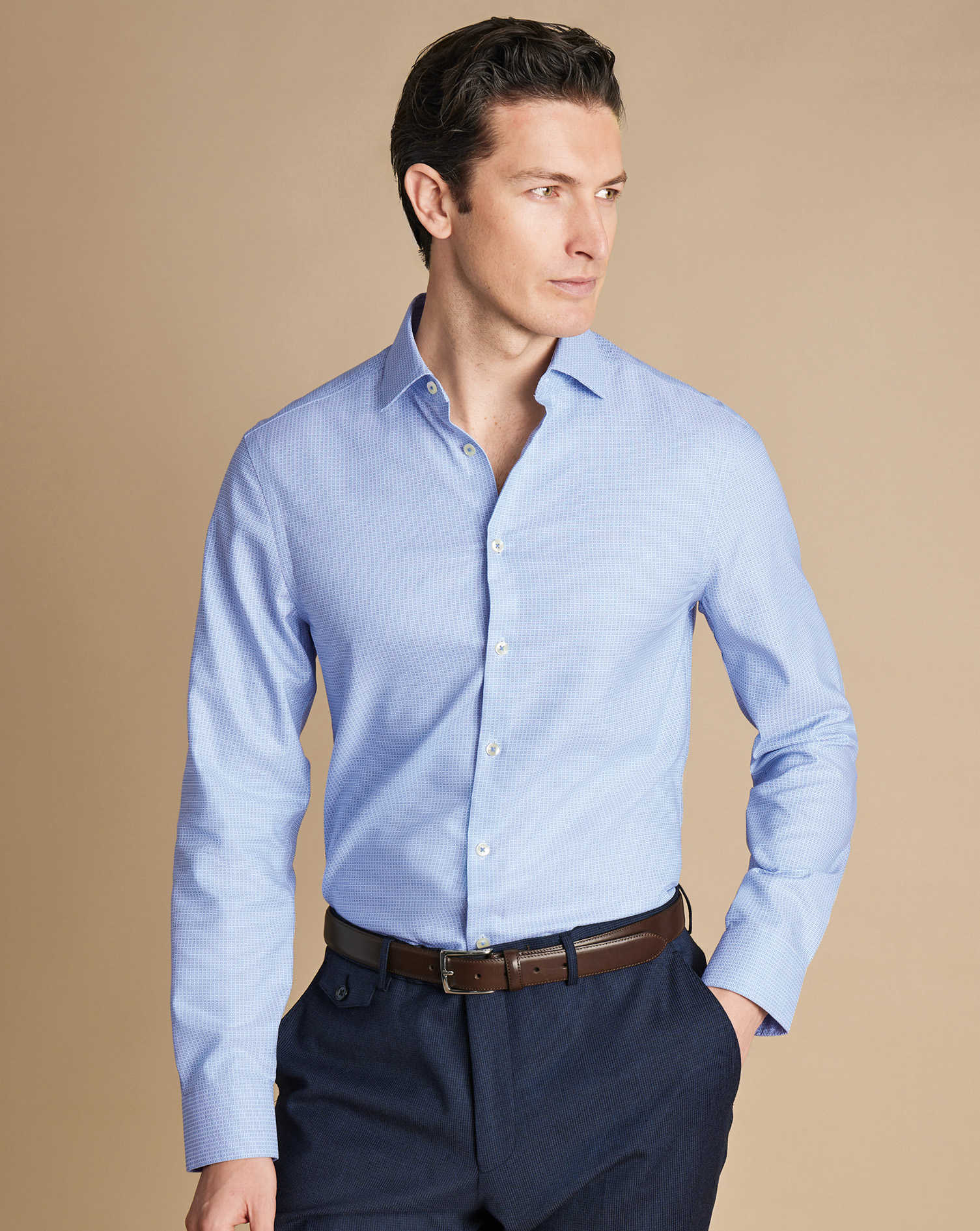 Semi-Cutaway Collar Non-Iron Stretch Texture Grid Shirt - Sky Blue