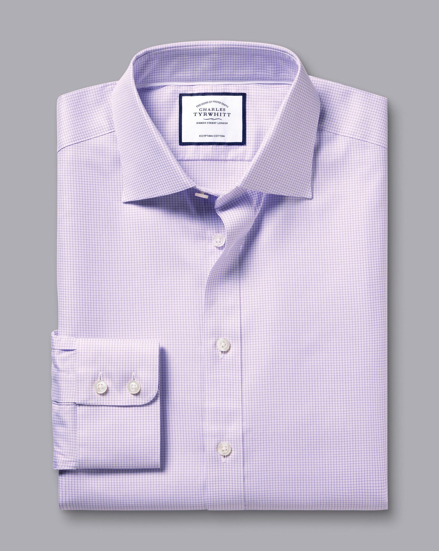 Semi-Cutaway Collar Egyptian Cotton Twill Small Grid Check Shirt - Violet Purple