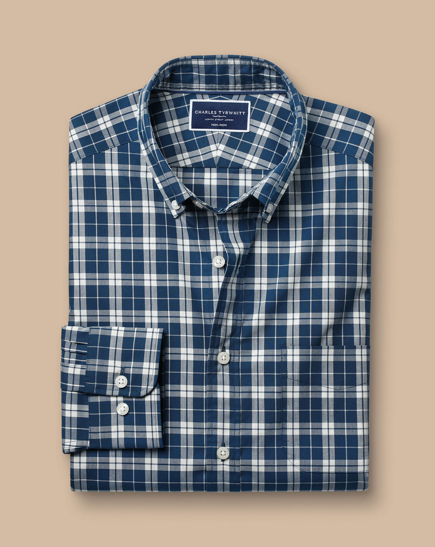 Button-Down Collar Non-Iron Stretch Poplin Check Shirt - Blue