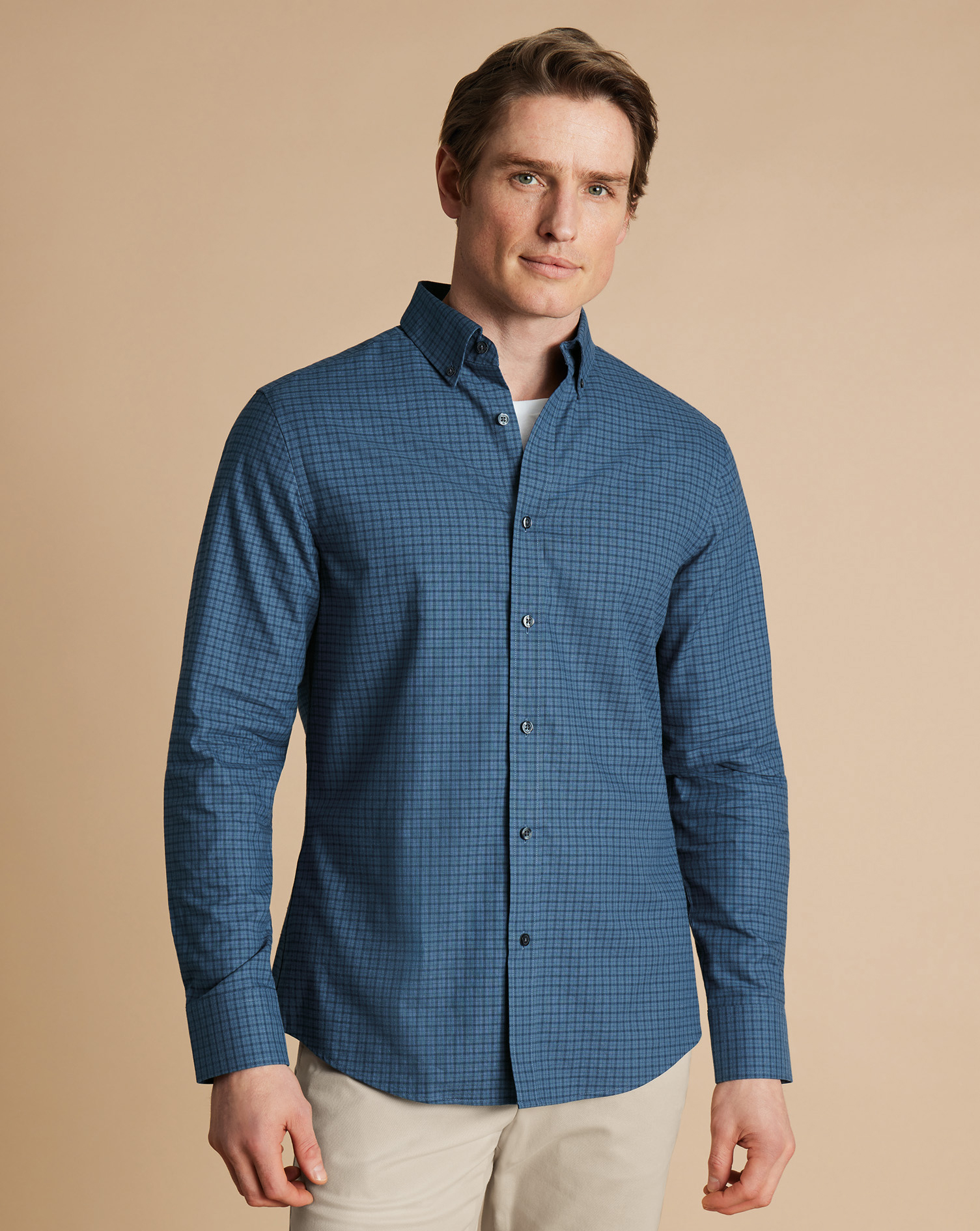 Button-Down Collar Brushed Cotton Twill Check Shirt - Petrol Blue