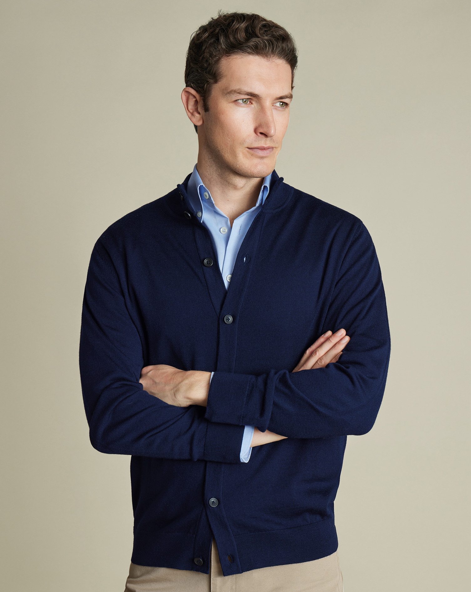 Charles Tyrwhitt Merino-Strickjacke mit Knöpfen und Stehkragen - Marineblau